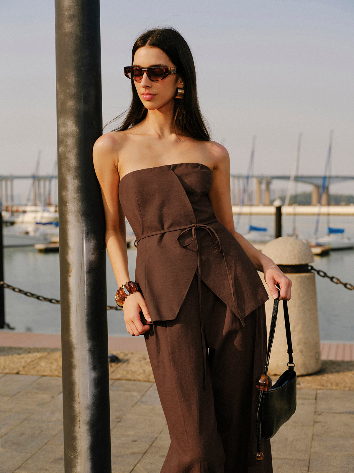 Cotton & Linen Strapless Peplum Top With Tie-Chicvia