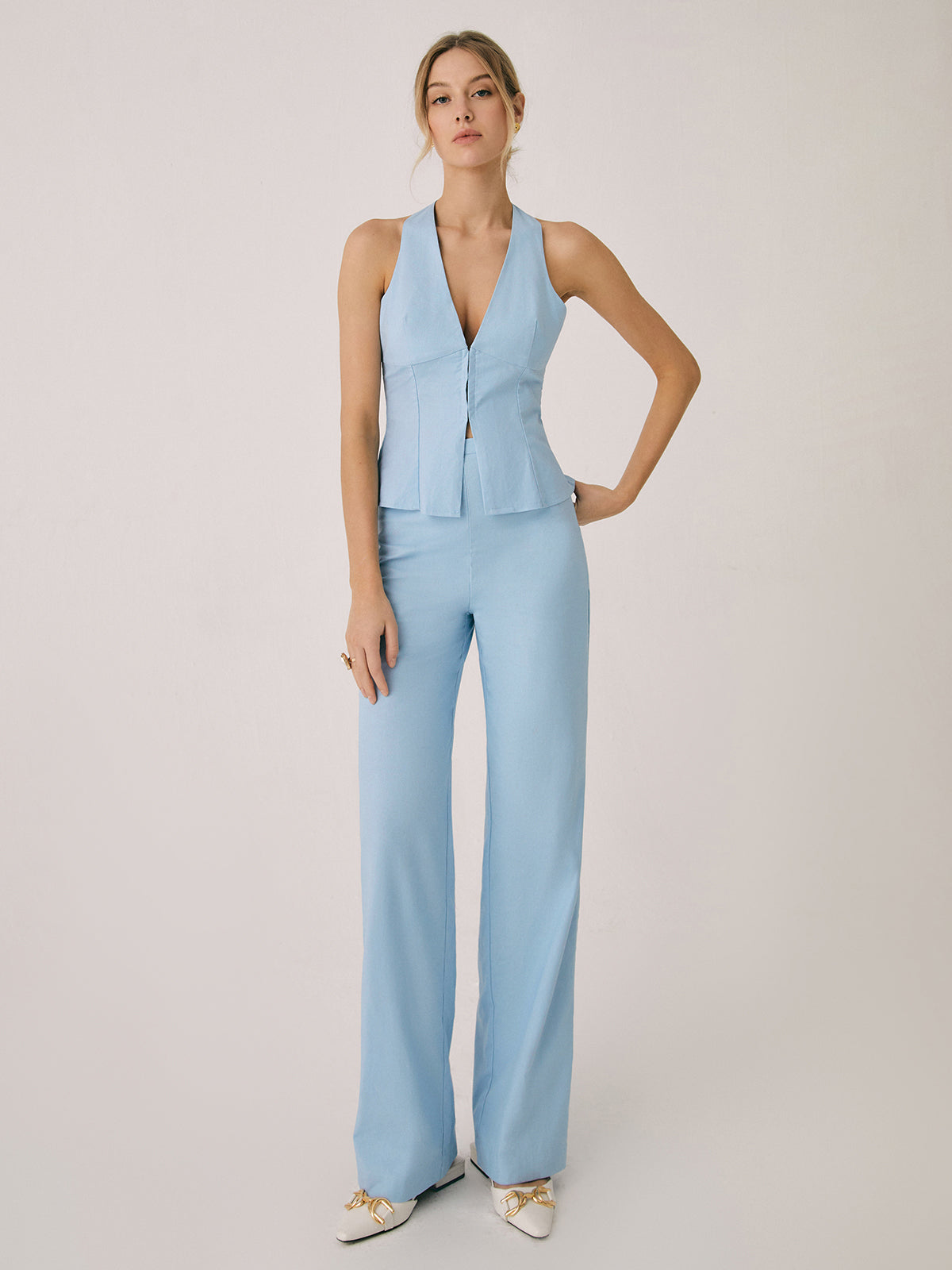 Cotton & Linen Vest With Straight Leg Pants Set-Chicvia