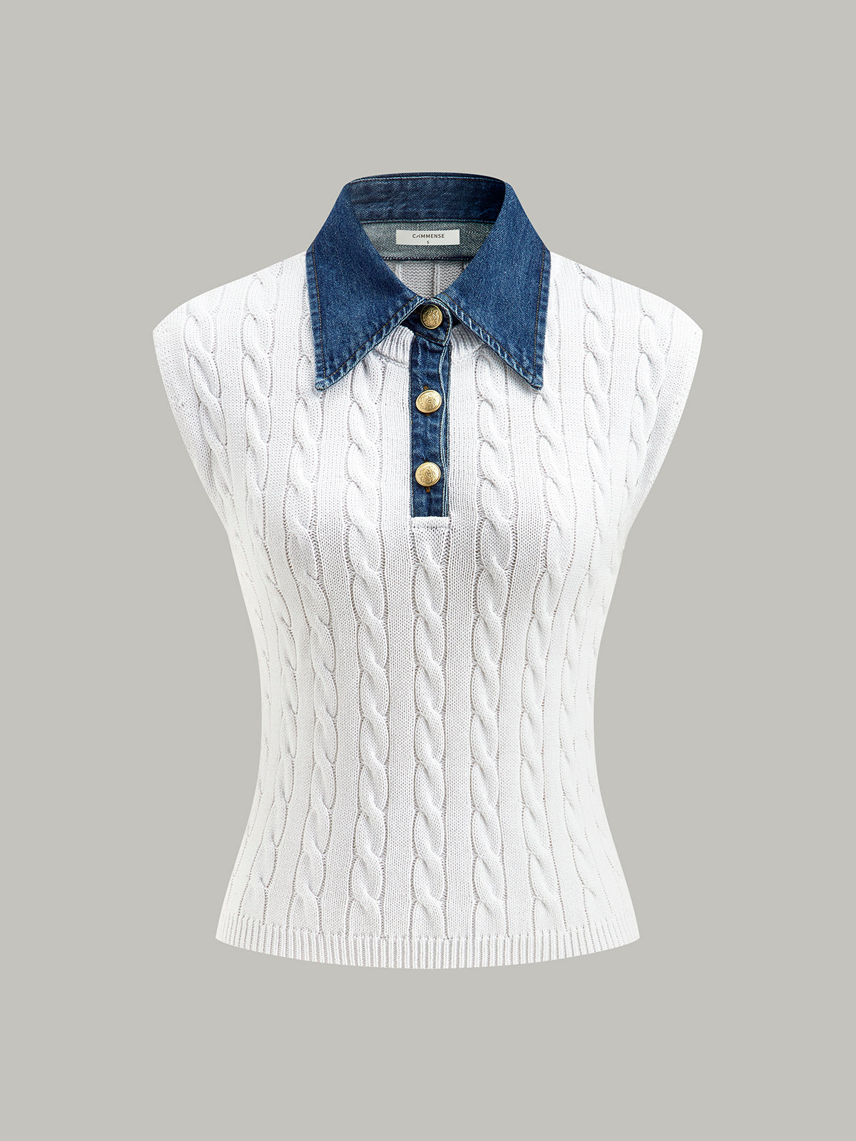 Cotton Denim Collar Knit Top-Chicvia