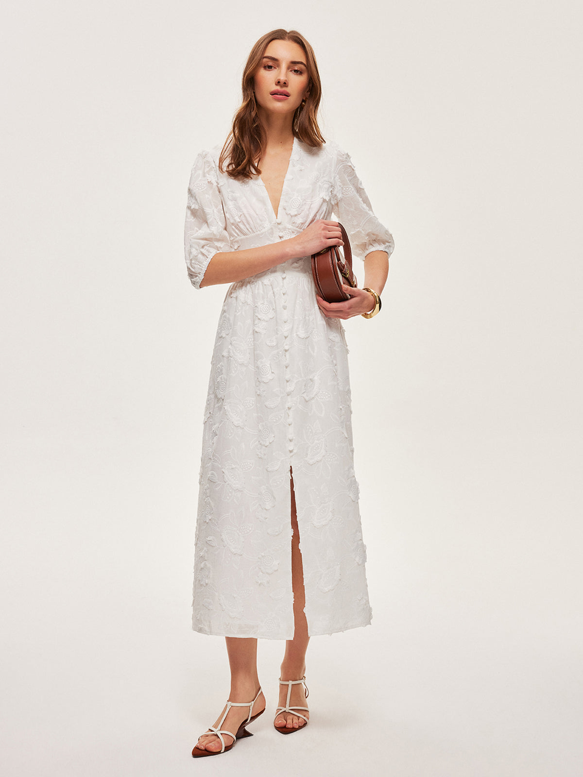Cotton Embroidered Button-Front Dress-Chicvia
