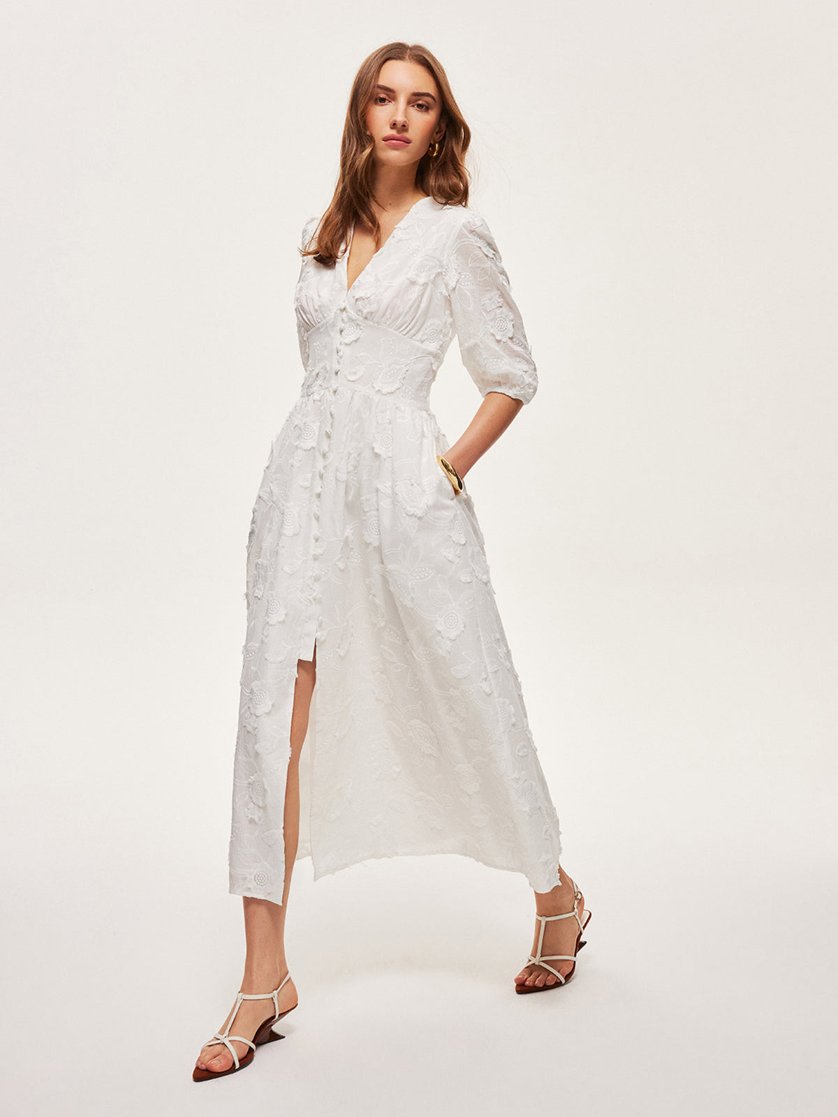 Cotton Embroidered Button-Front Dress-Chicvia