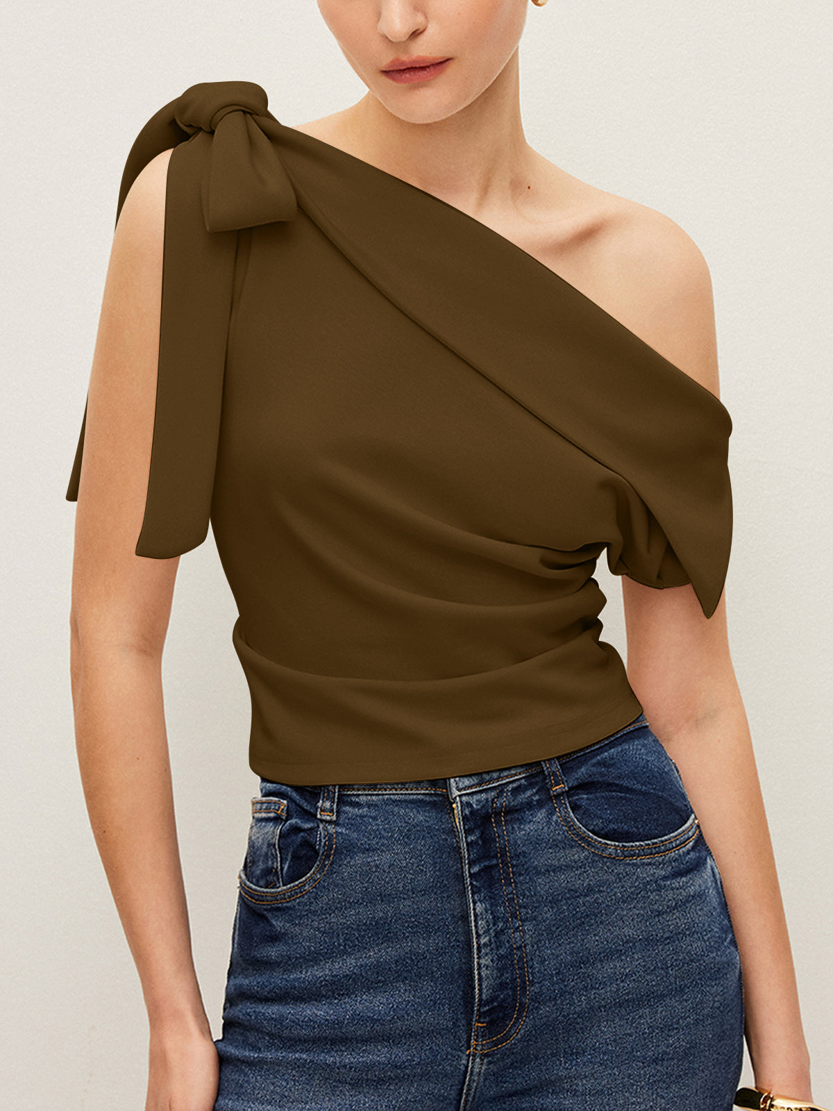 One-Shoulder Top With Bow Detail-Chicvia