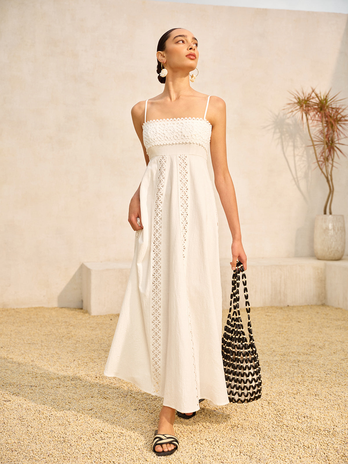 Lace Trim Cotton Cami Dress-Chicvia