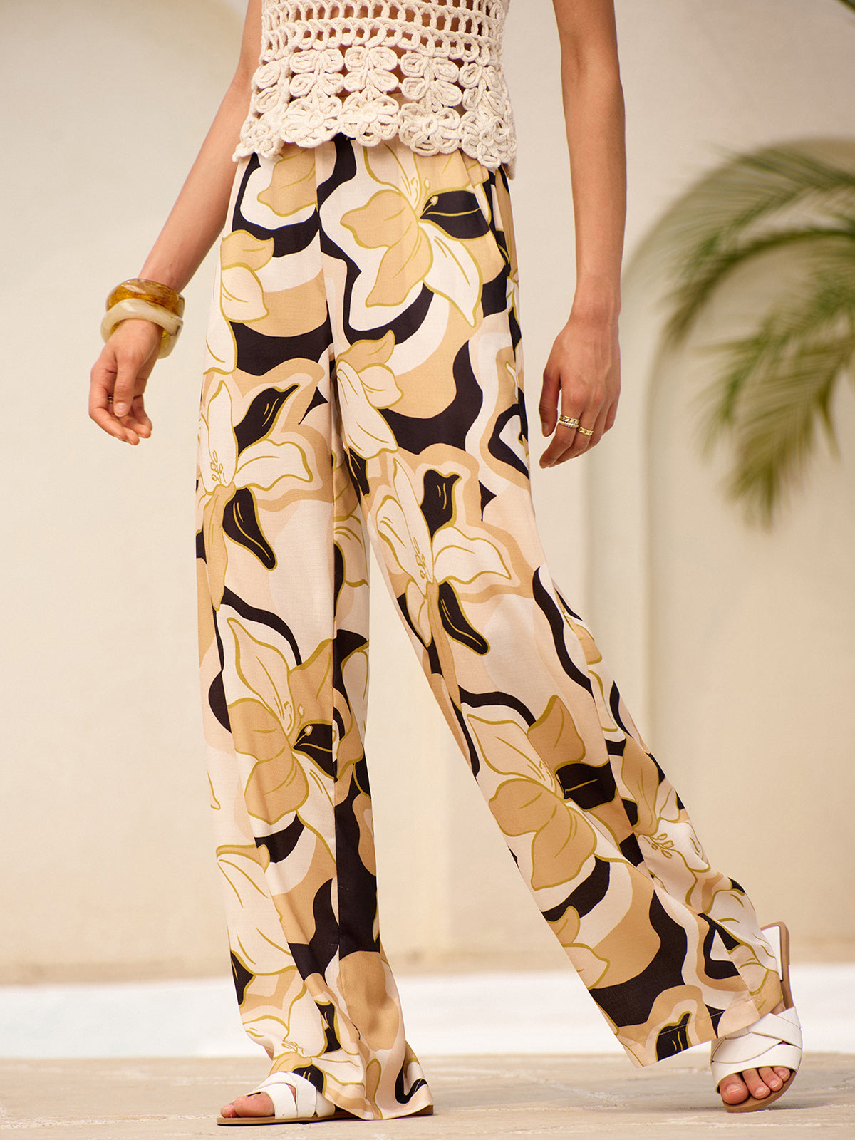 Mid-Waist Floral Print Pockets Pants-Chicvia