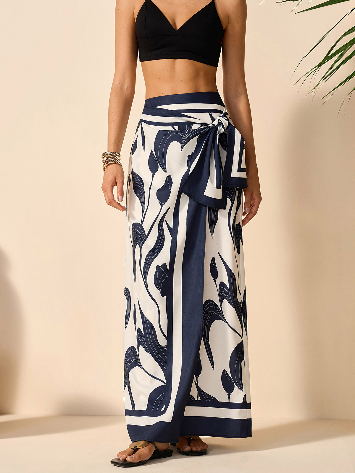 Floral Print Tie-Waist Skirt-Chicvia