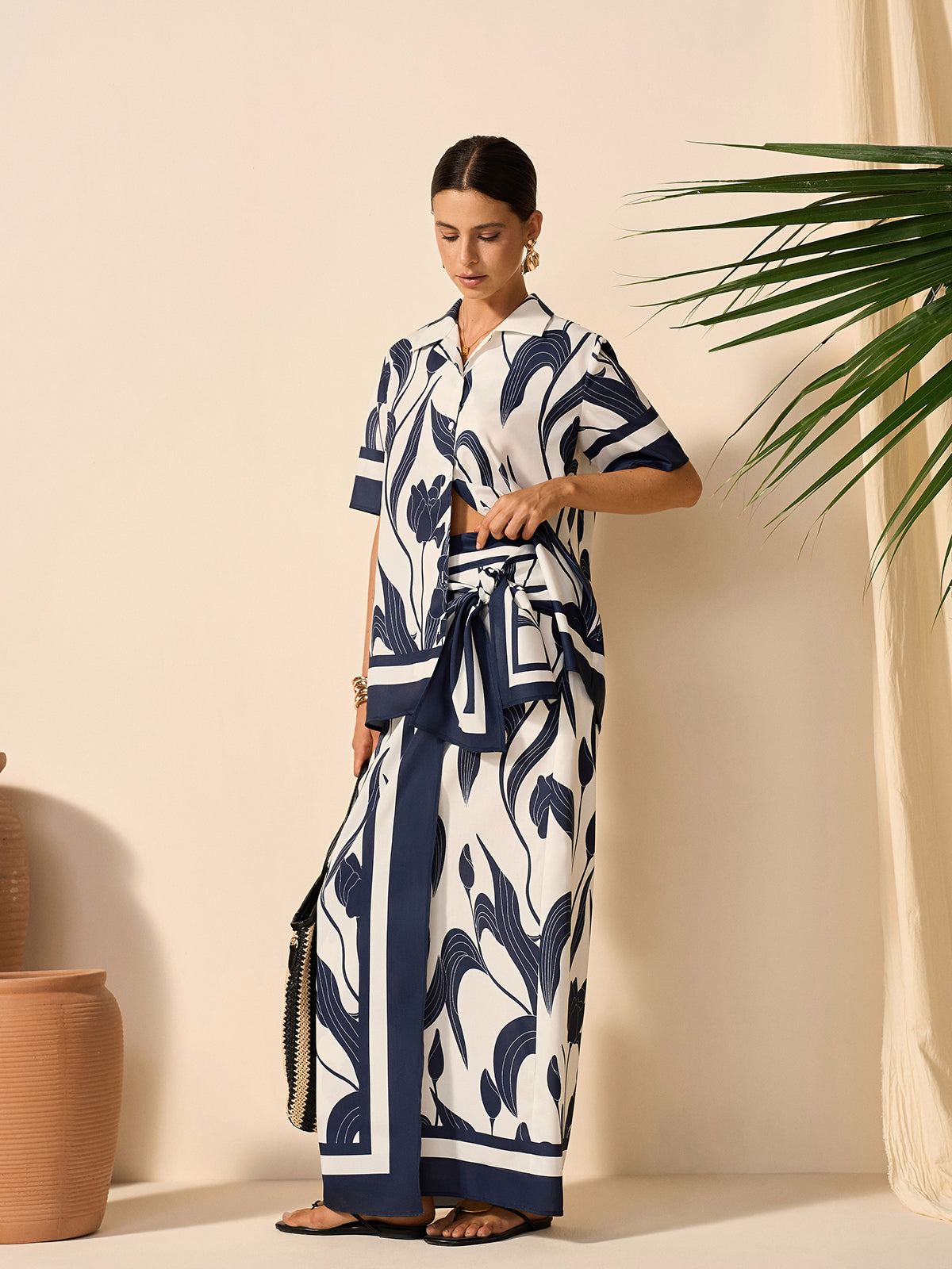 Floral Print Tie-Waist Skirt-Chicvia