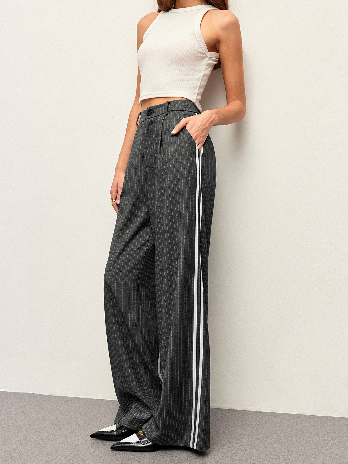 Mid-Waist Striped Panel Pants-Chicvia