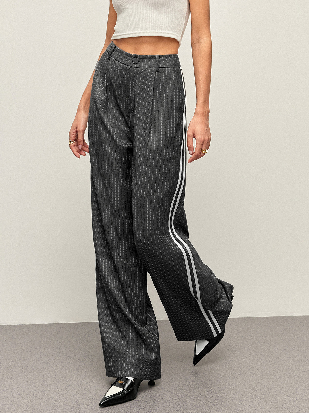 Mid-Waist Striped Panel Pants-Chicvia