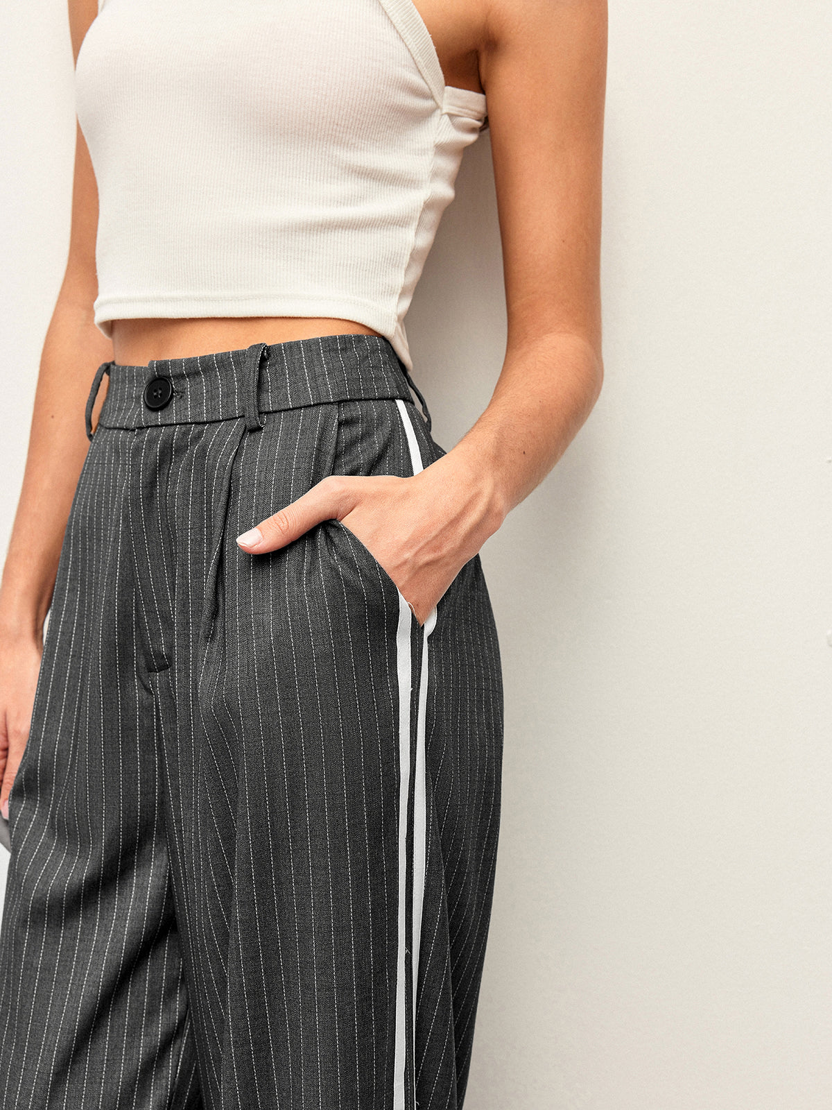 Mid-Waist Striped Panel Pants-Chicvia