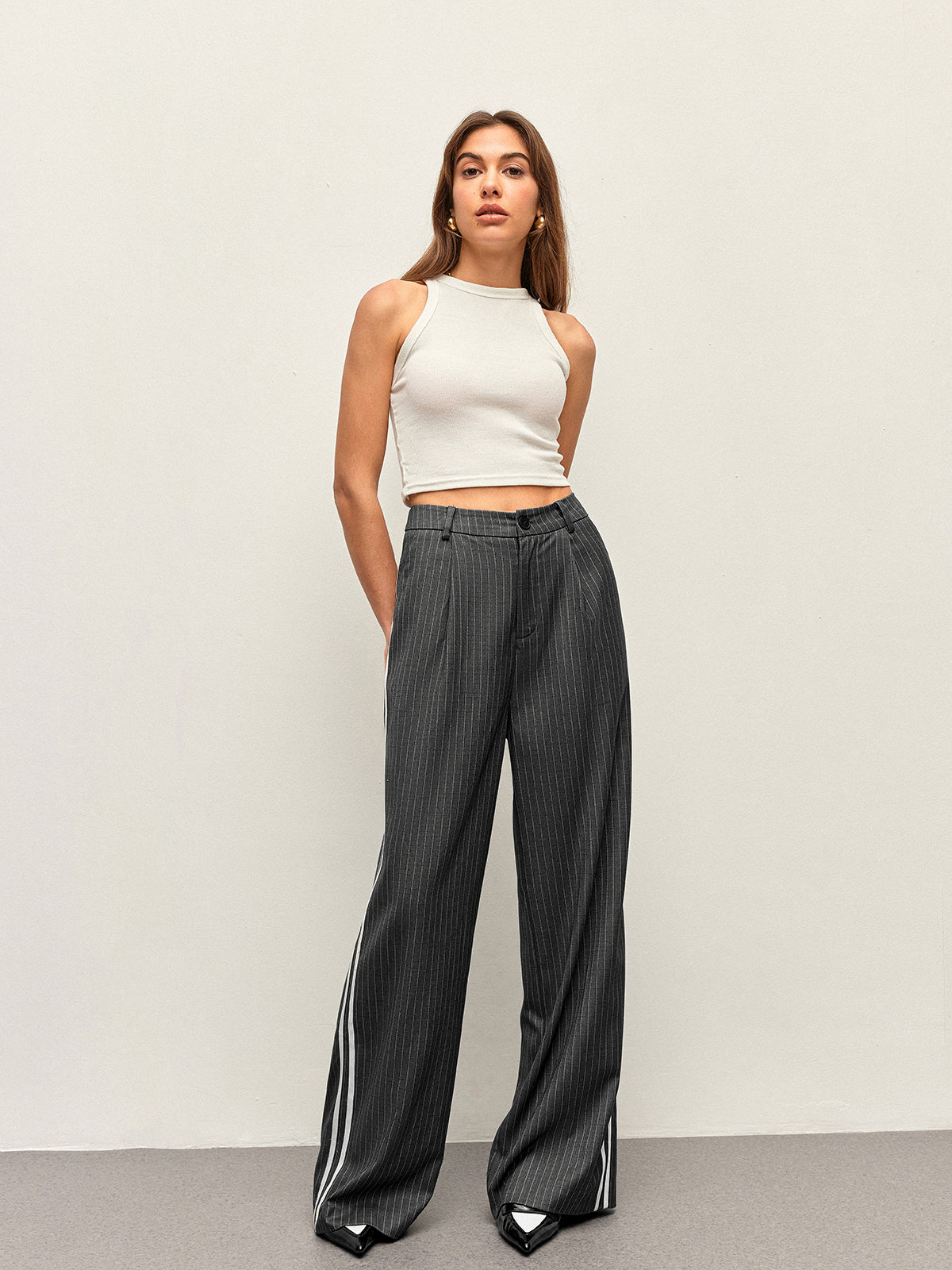 Mid-Waist Striped Panel Pants-Chicvia