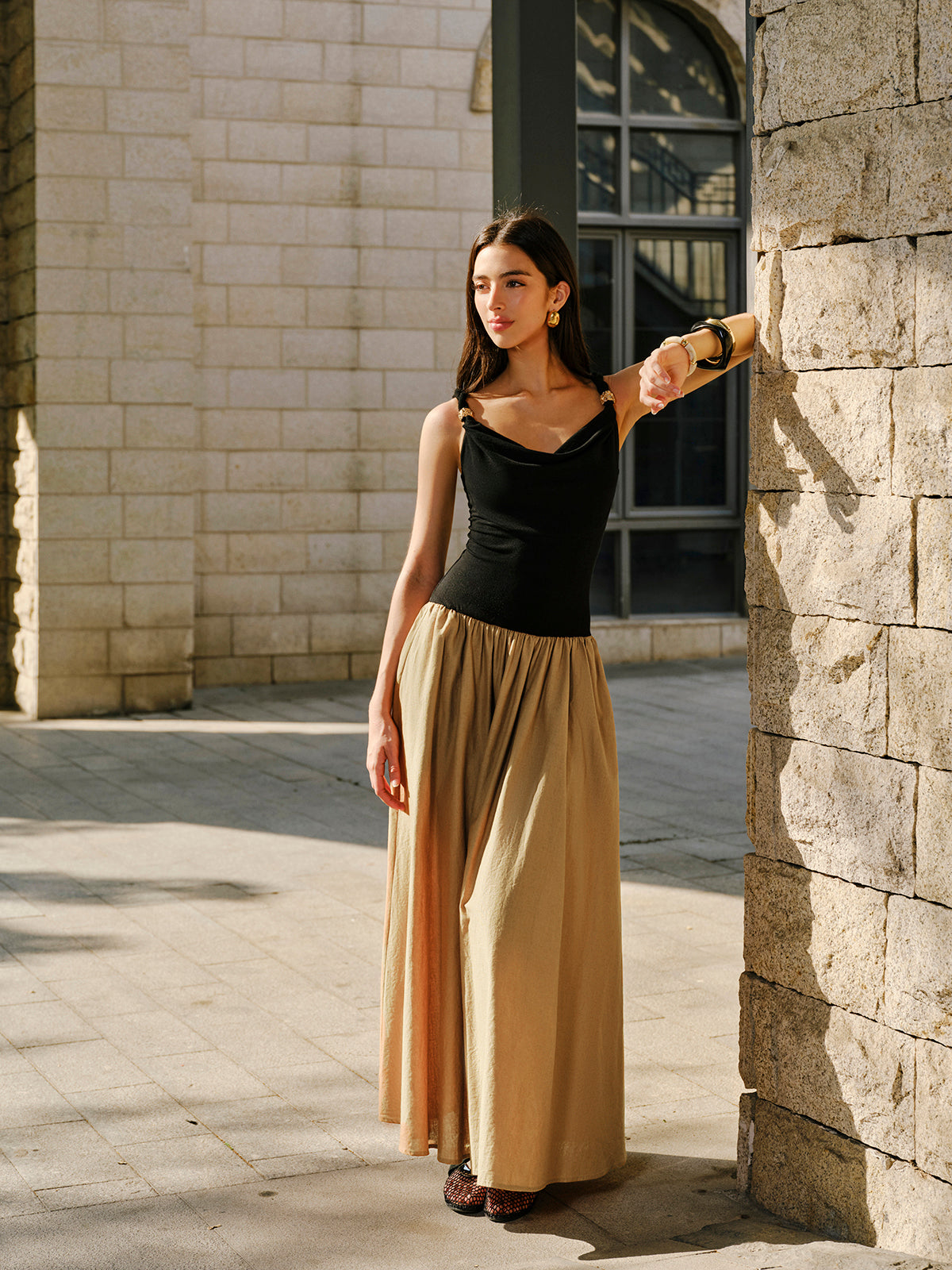 Linen & Cotton Panel Cowl Neck Metal Detail Sleeveless Dress-Chicvia