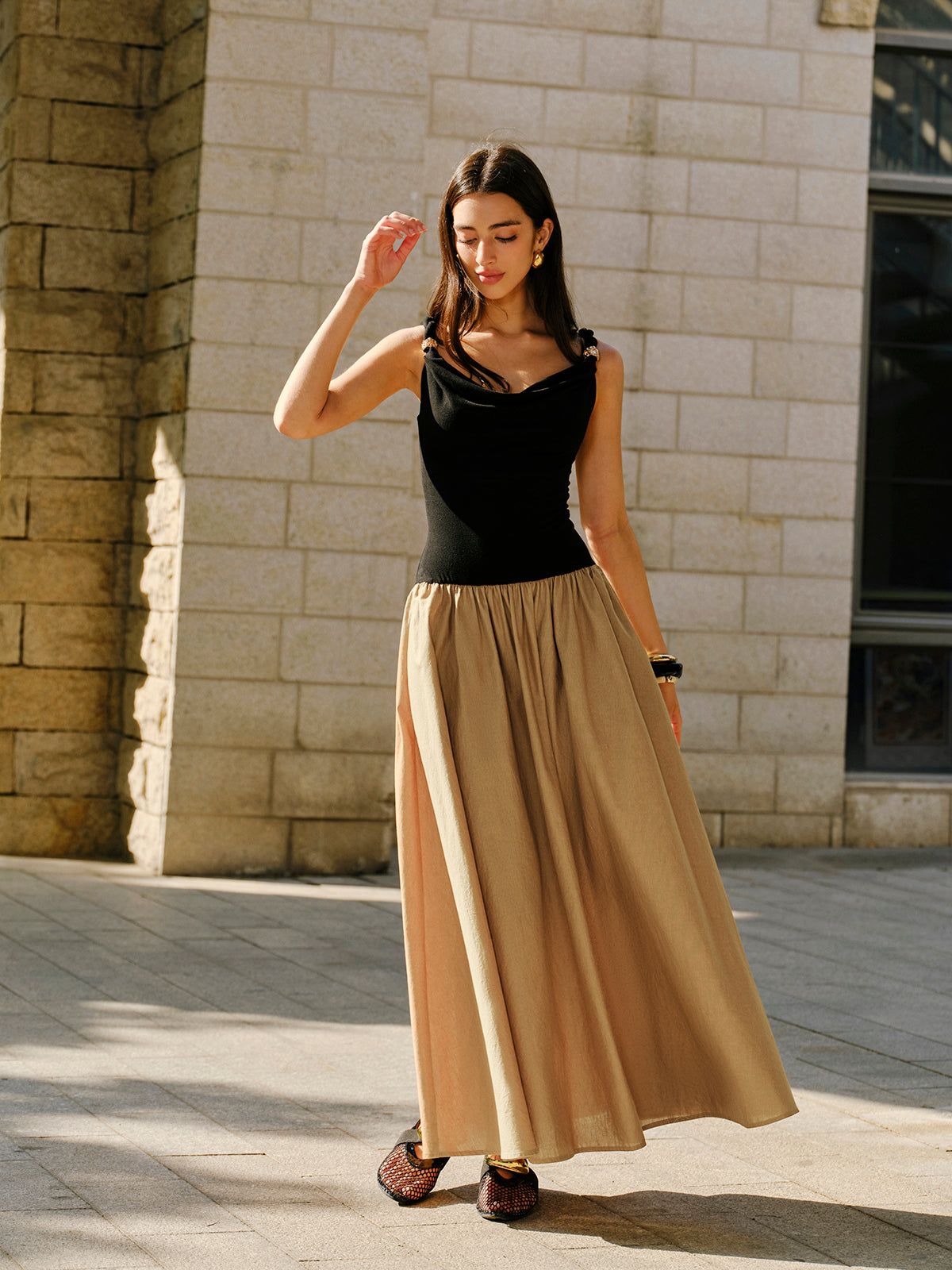 Linen & Cotton Panel Cowl Neck Metal Detail Sleeveless Dress-Chicvia