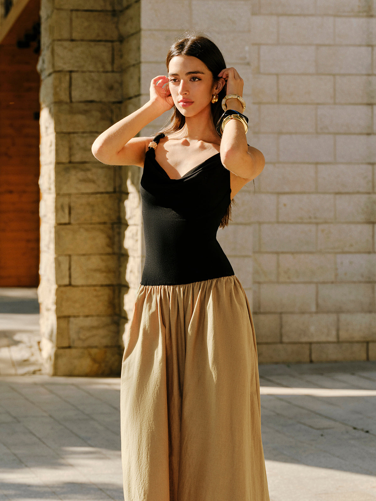 Linen & Cotton Panel Cowl Neck Metal Detail Sleeveless Dress-Chicvia