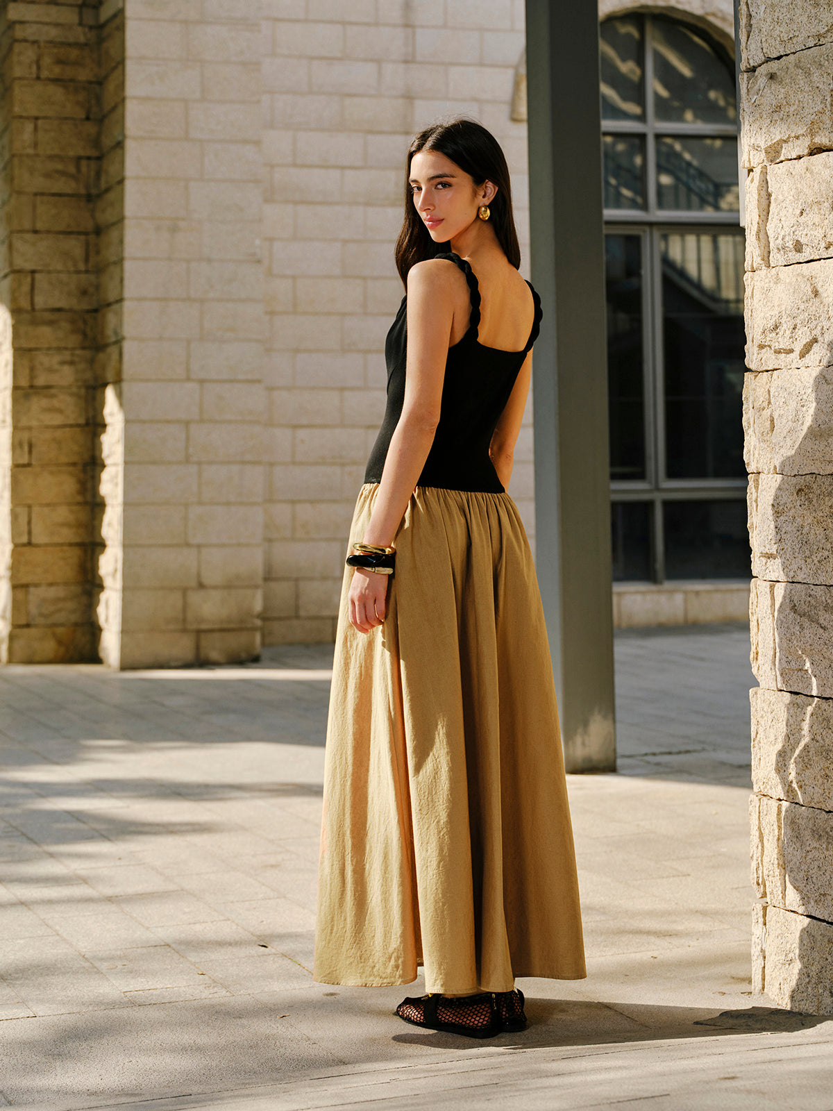 Linen & Cotton Panel Cowl Neck Metal Detail Sleeveless Dress-Chicvia