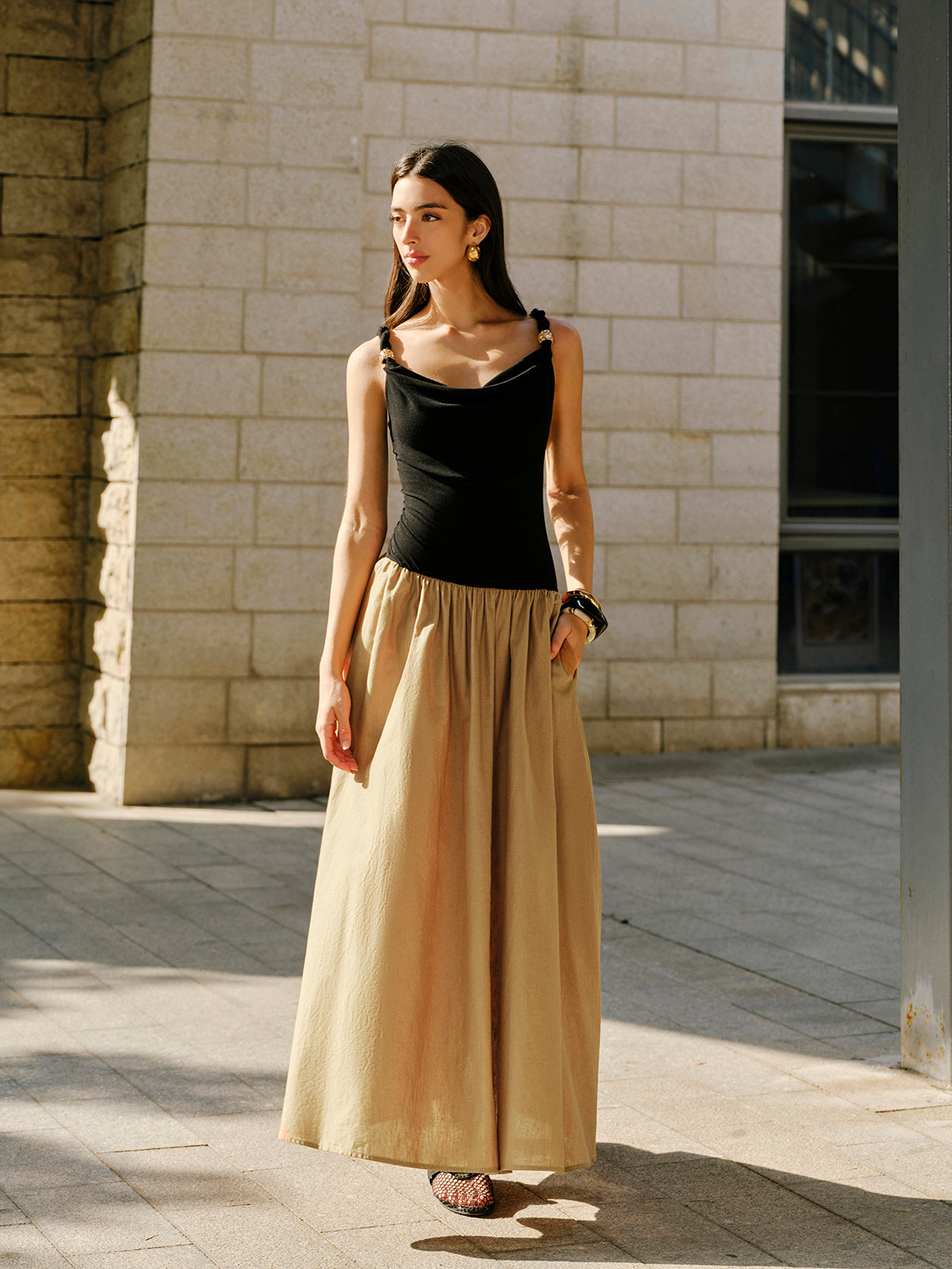 Linen & Cotton Panel Cowl Neck Metal Detail Sleeveless Dress-Chicvia