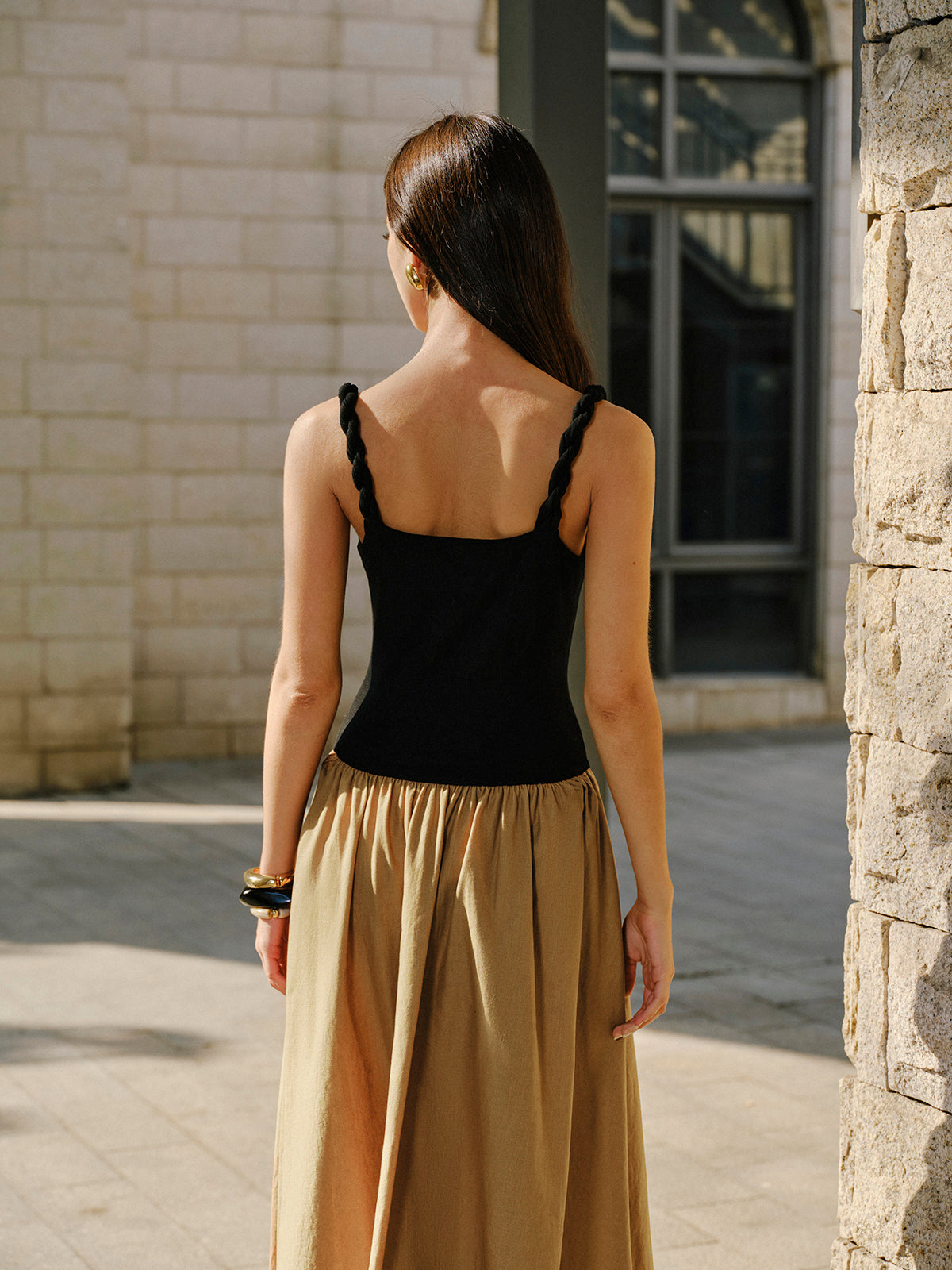 Linen & Cotton Panel Cowl Neck Metal Detail Sleeveless Dress-Chicvia