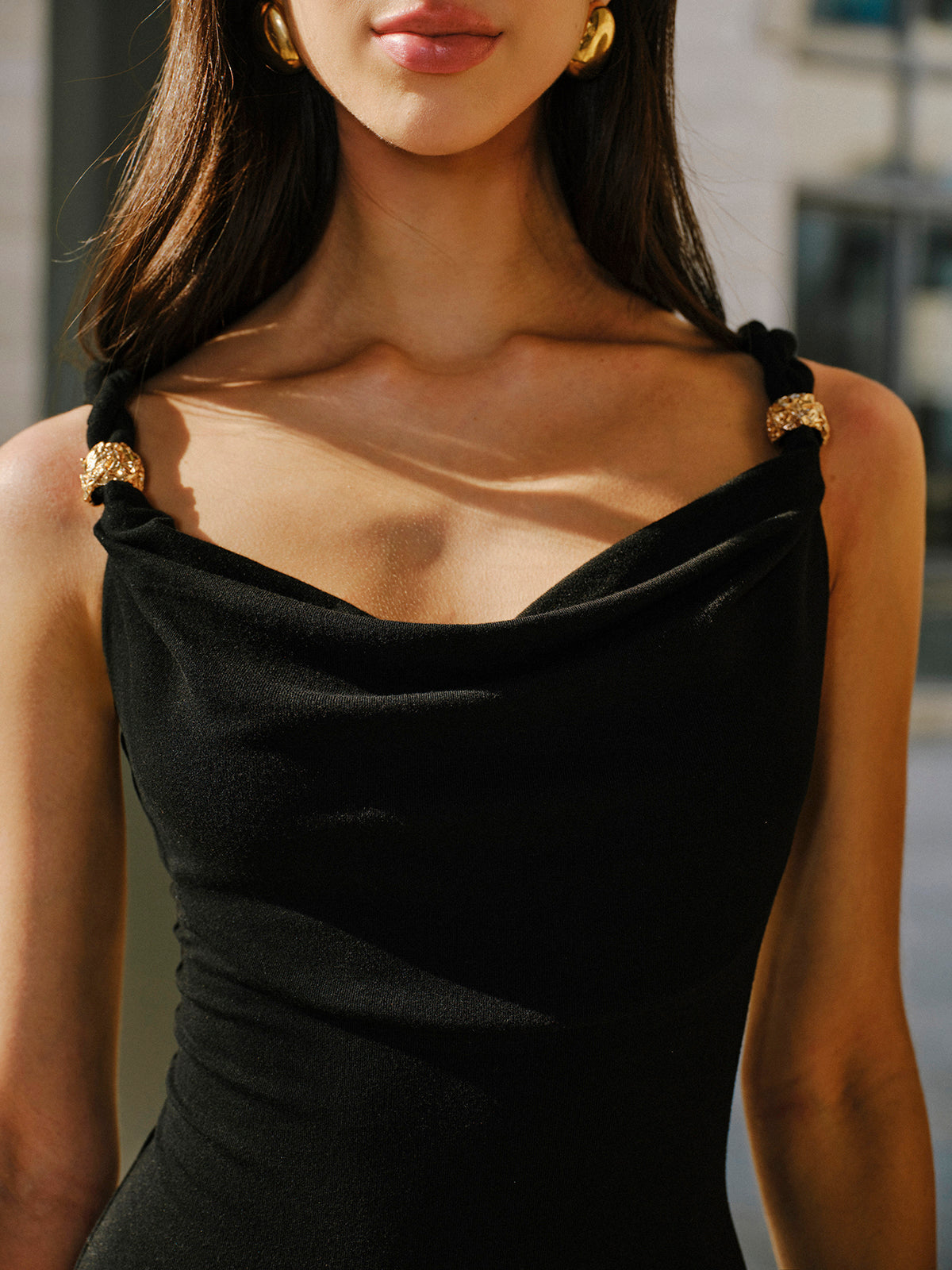 Linen & Cotton Panel Cowl Neck Metal Detail Sleeveless Dress-Chicvia