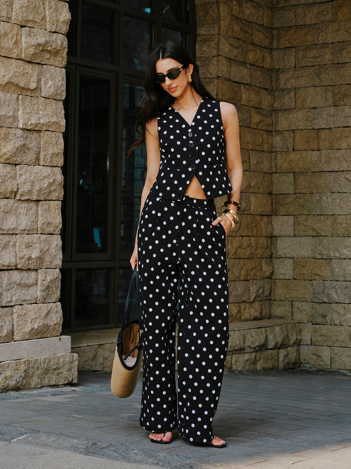 Cotton Polka Dot Vest With Pants Set-Chicvia