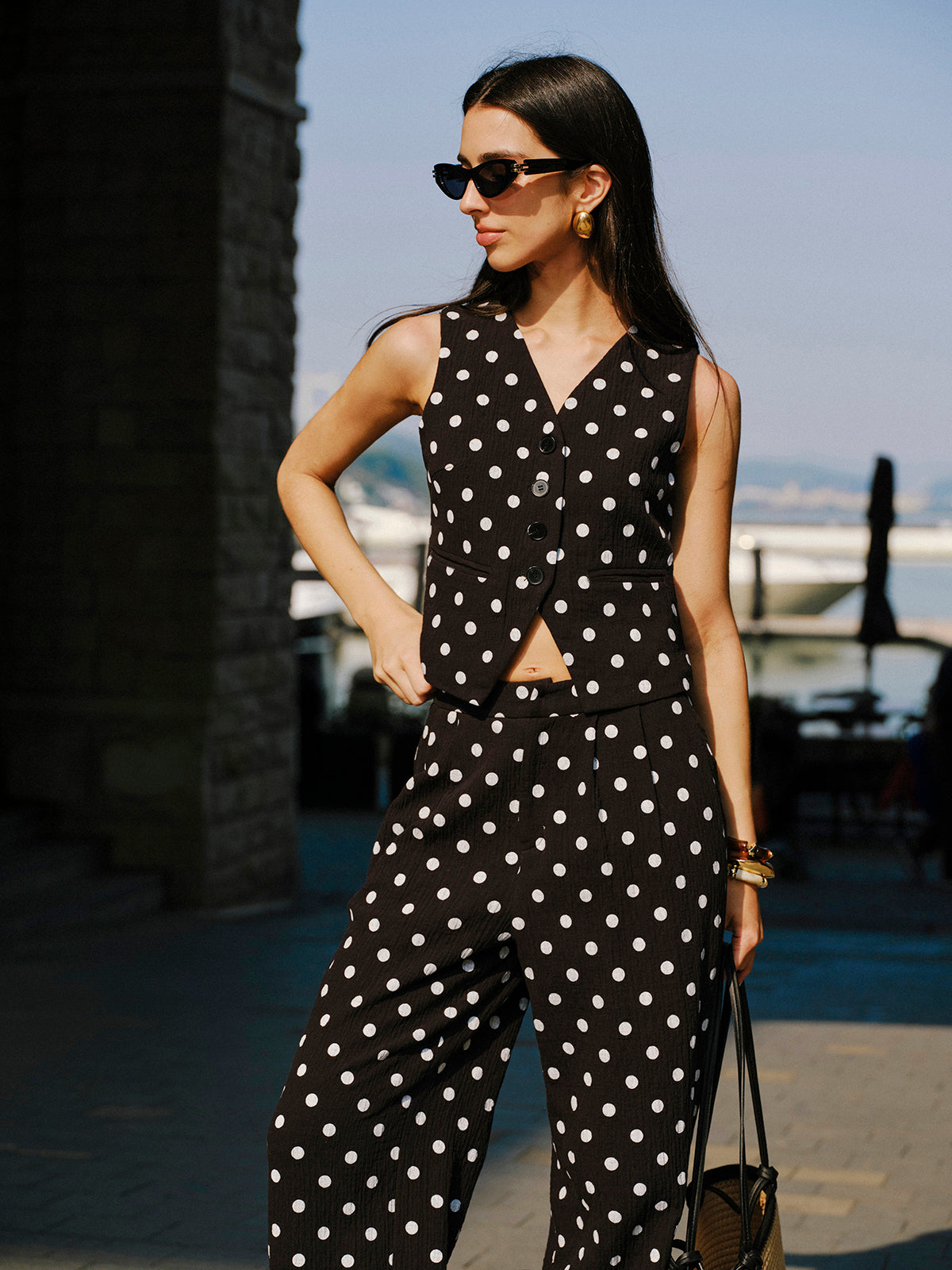 Cotton Polka Dot Vest With Pants Set-Chicvia