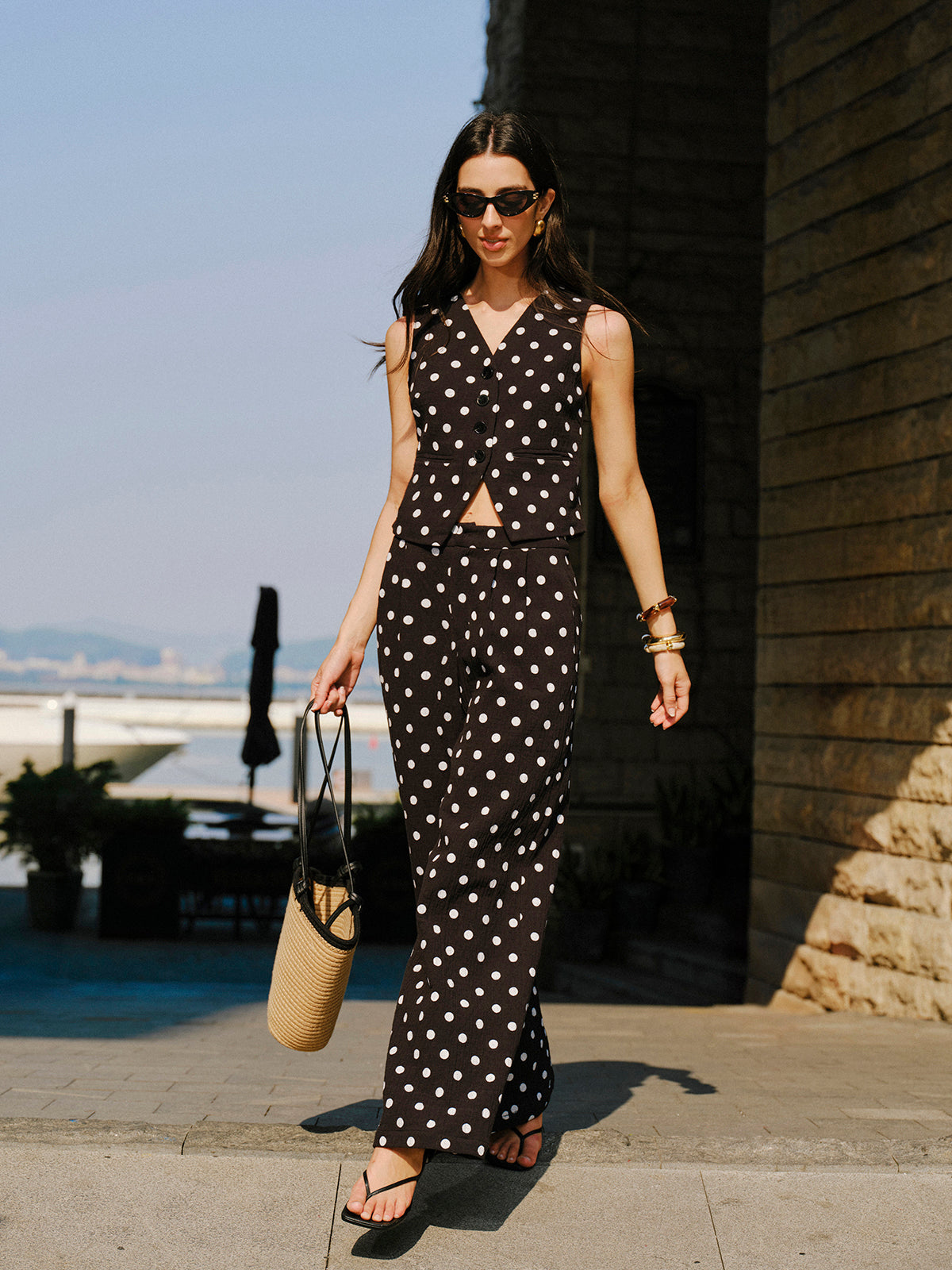 Cotton Polka Dot Vest With Pants Set-Chicvia