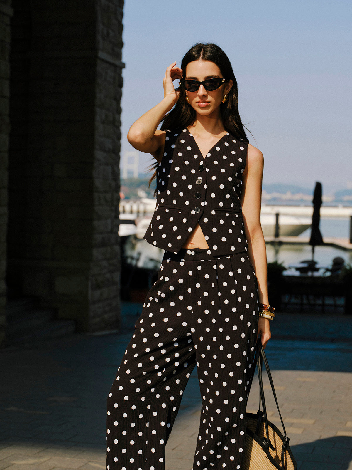 Cotton Polka Dot Vest With Pants Set-Chicvia