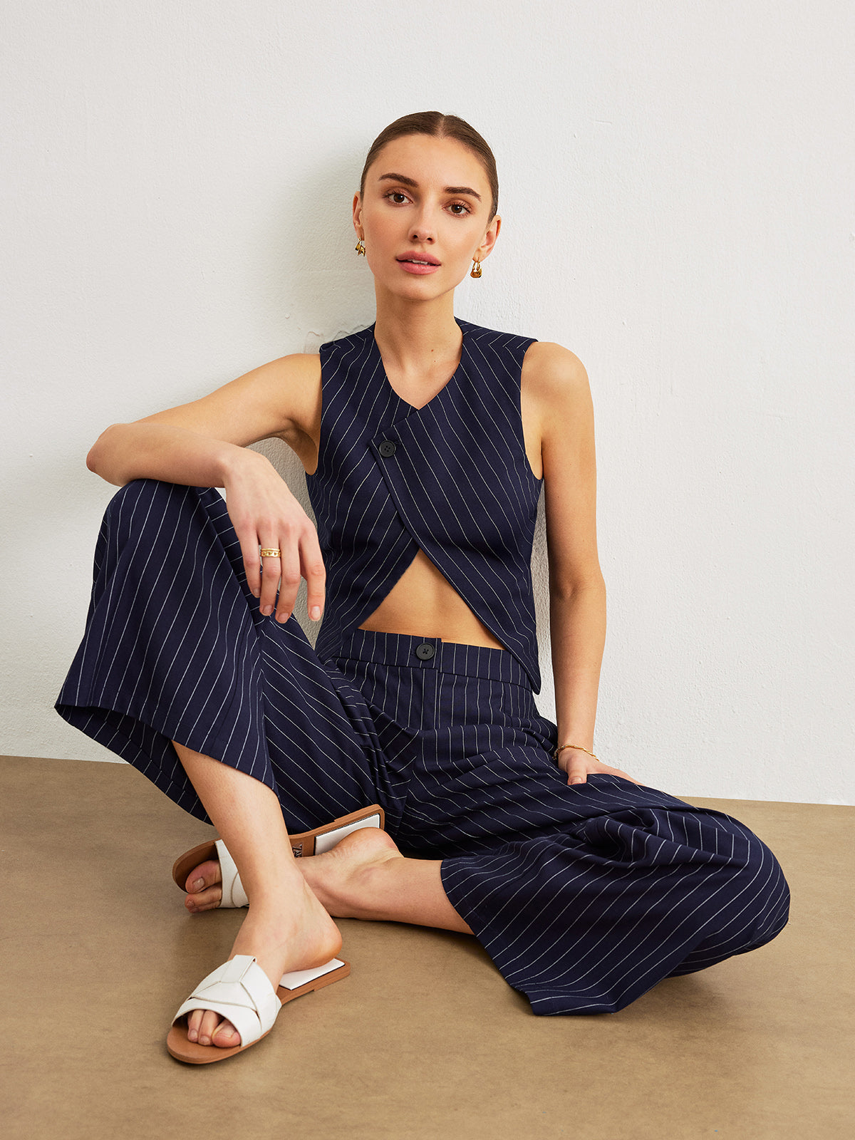 Pinstripe Pants Set With Pockets-Chicvia