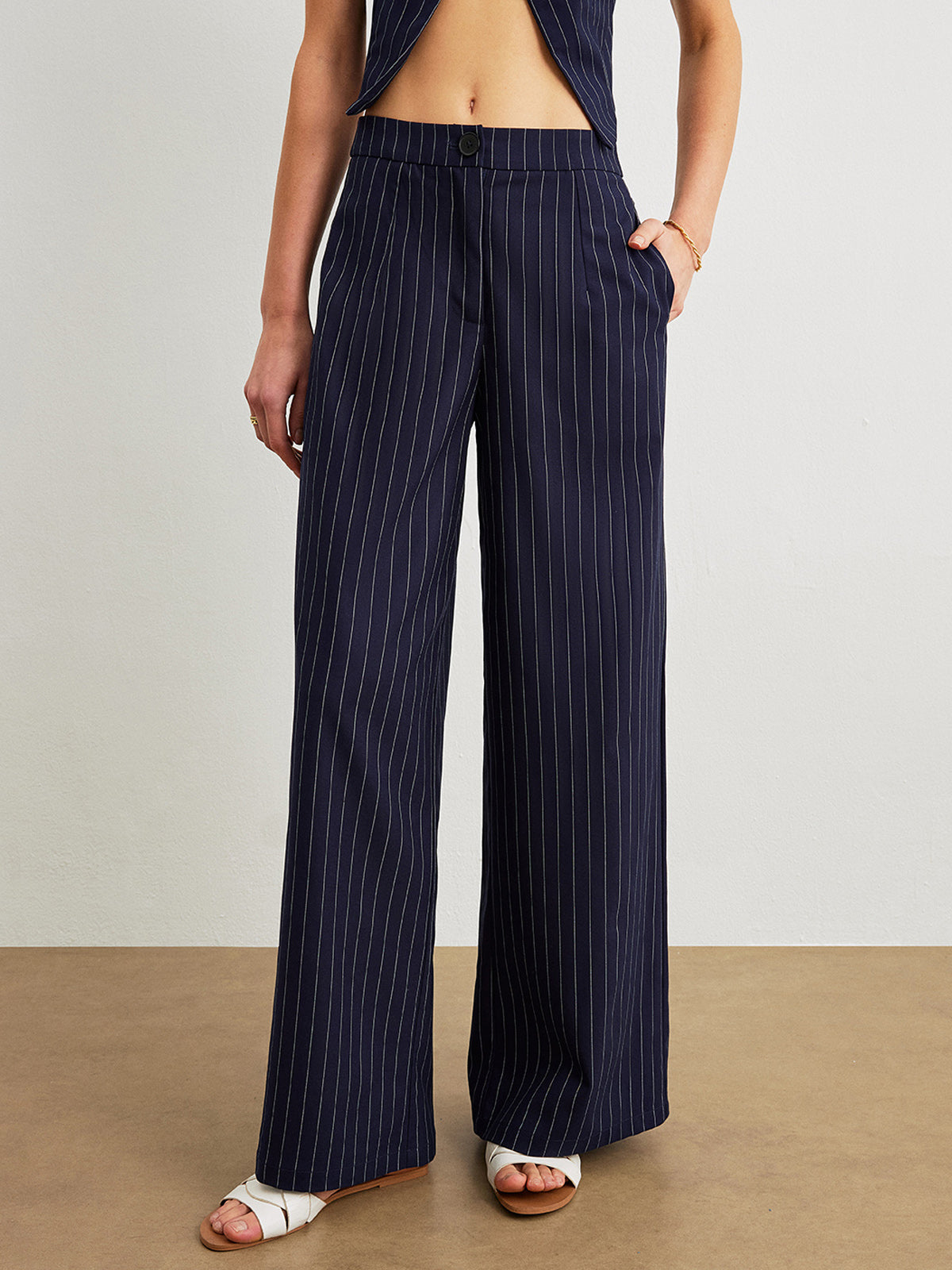 Pinstripe Pants Set With Pockets-Chicvia
