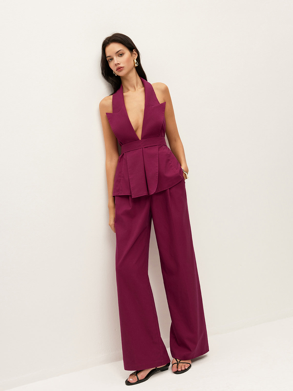 Halter Neck Belted Pocketed Pants Set-Chicvia