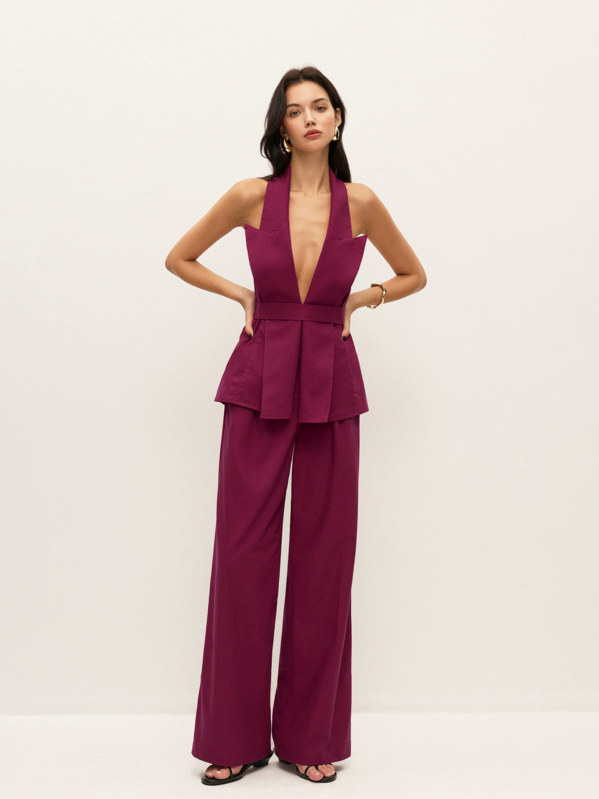 Halter Neck Belted Pocketed Pants Set-Chicvia