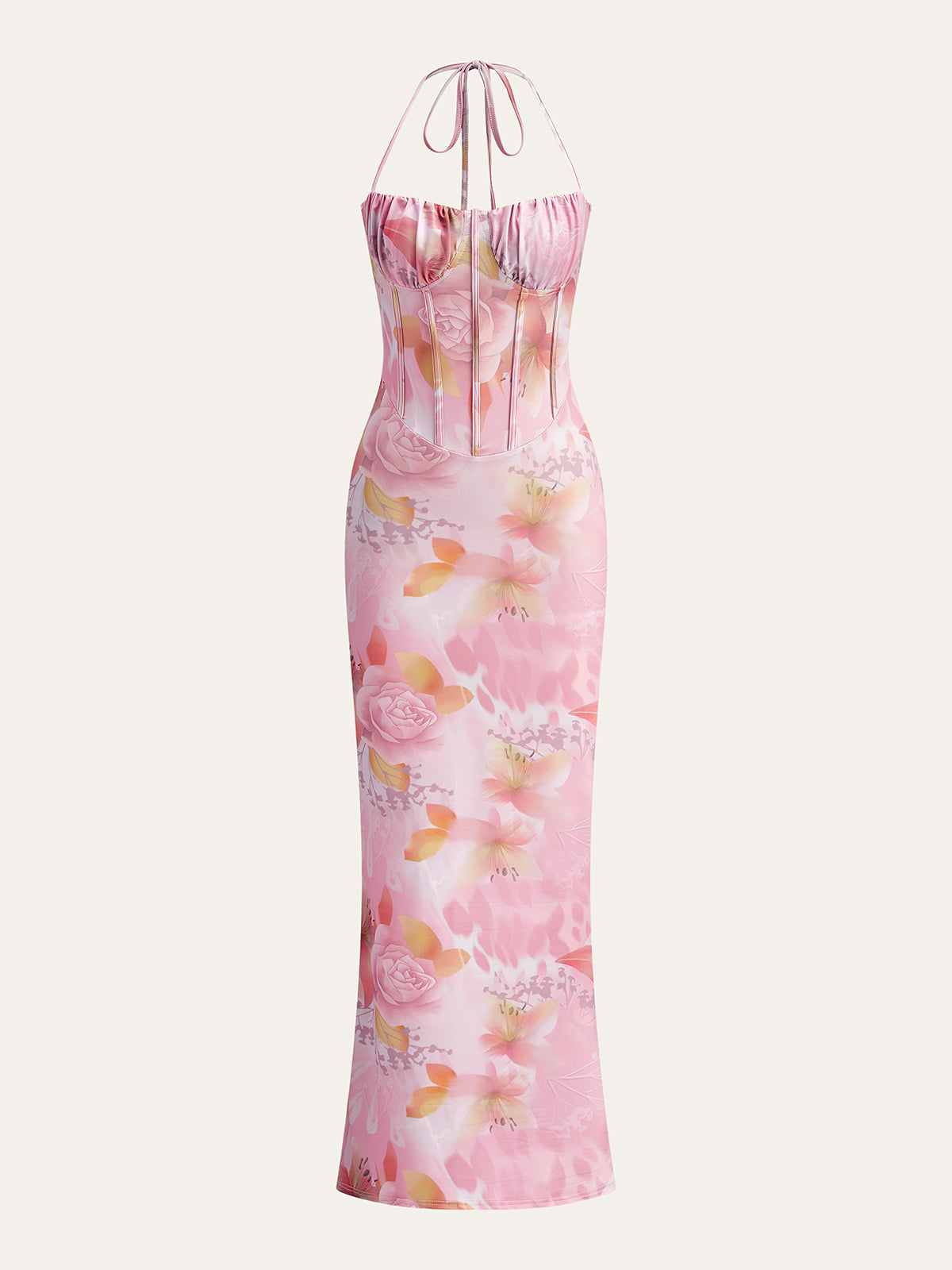 Floral Print Halter Dress With Corset Detail-Chicvia