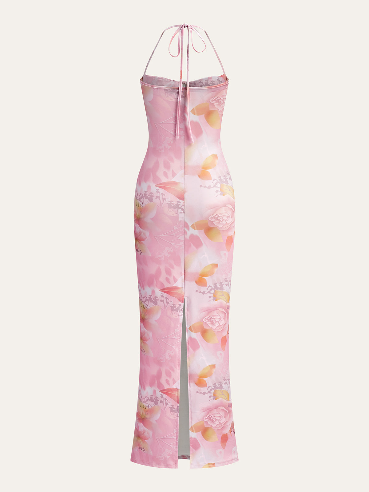 Floral Print Halter Dress With Corset Detail-Chicvia