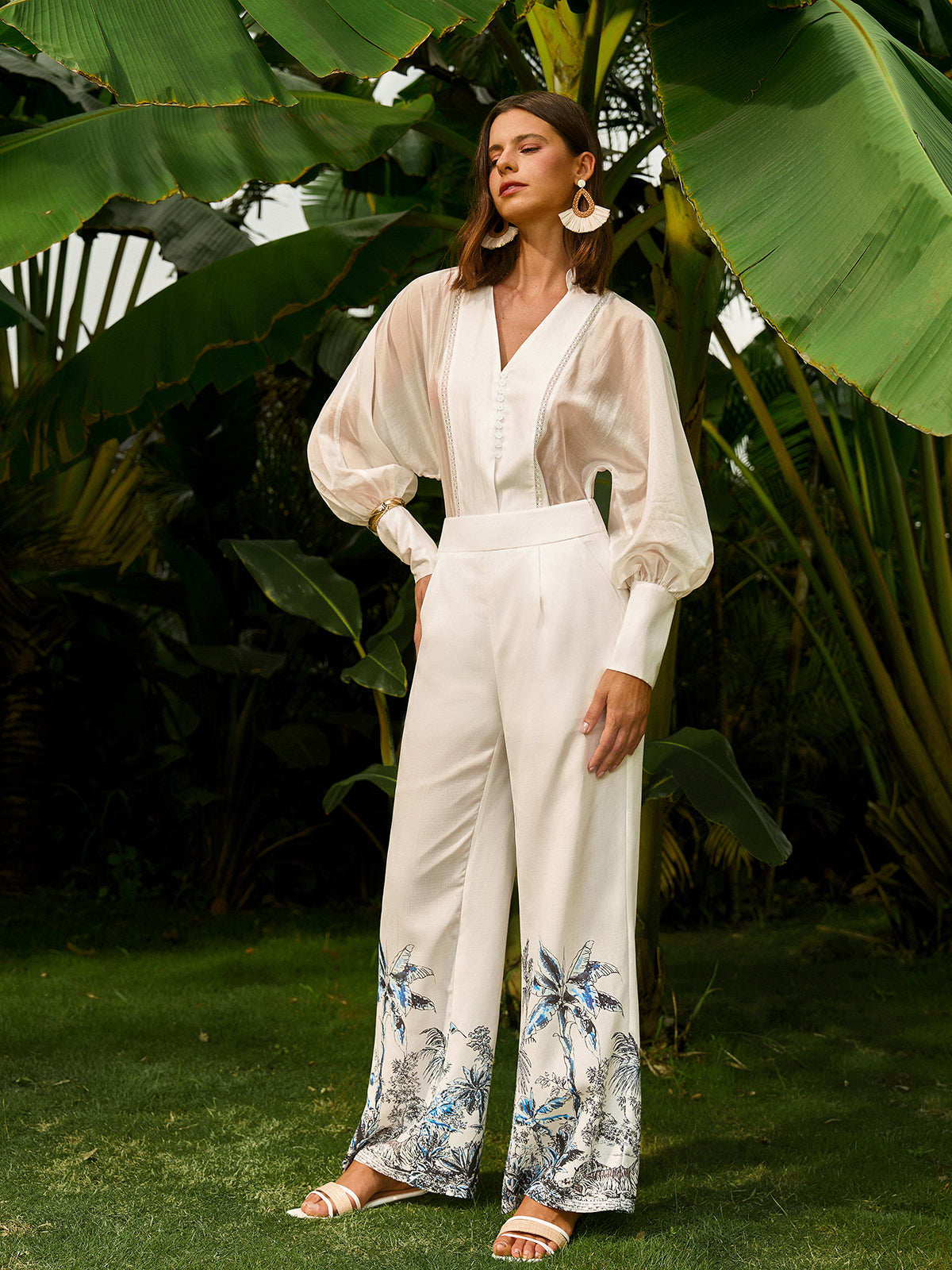 Low-Waist Floral Print Pants With Pockets-Chicvia