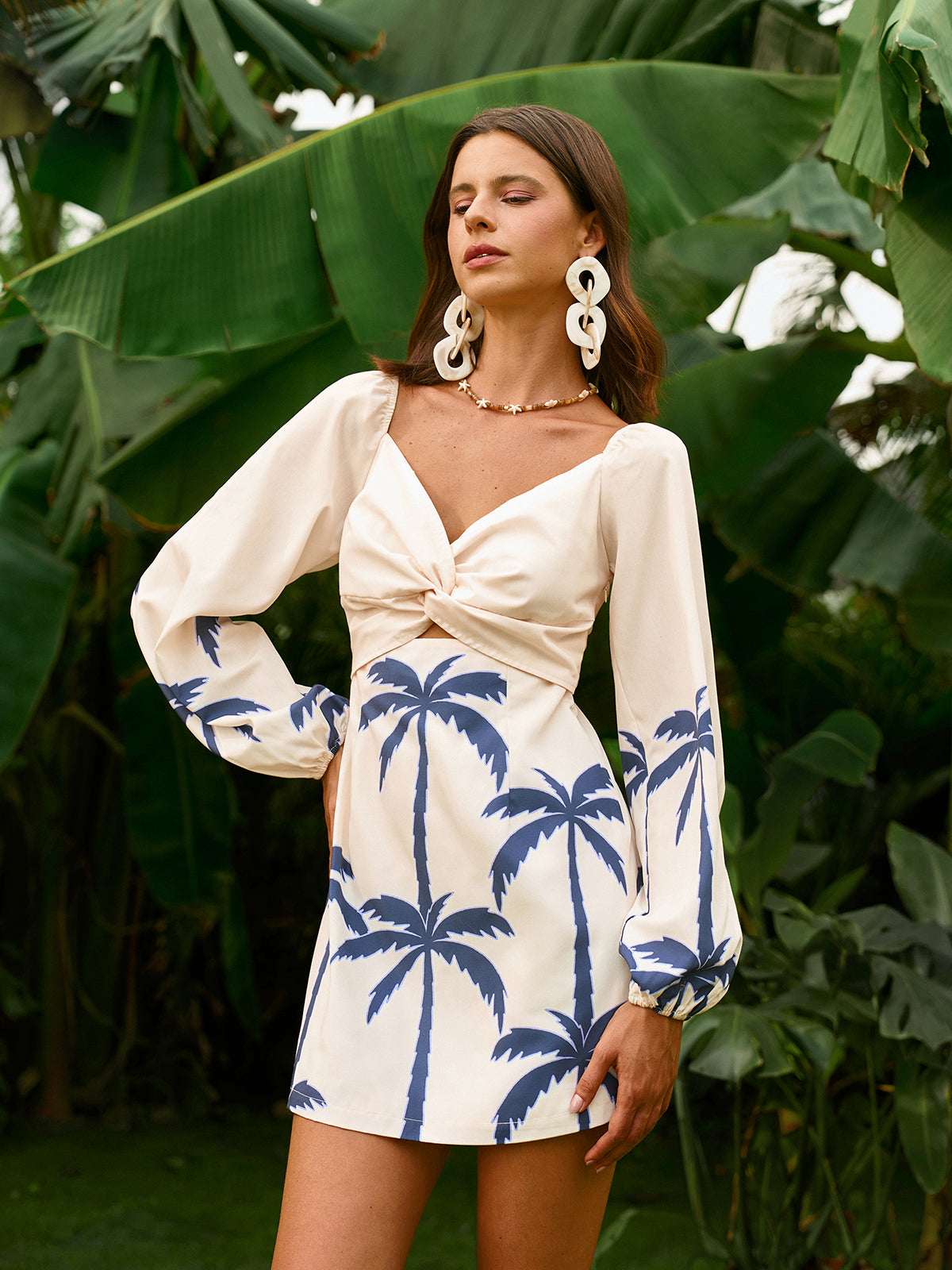 Long Sleeve Twist Front Print Dress-Chicvia