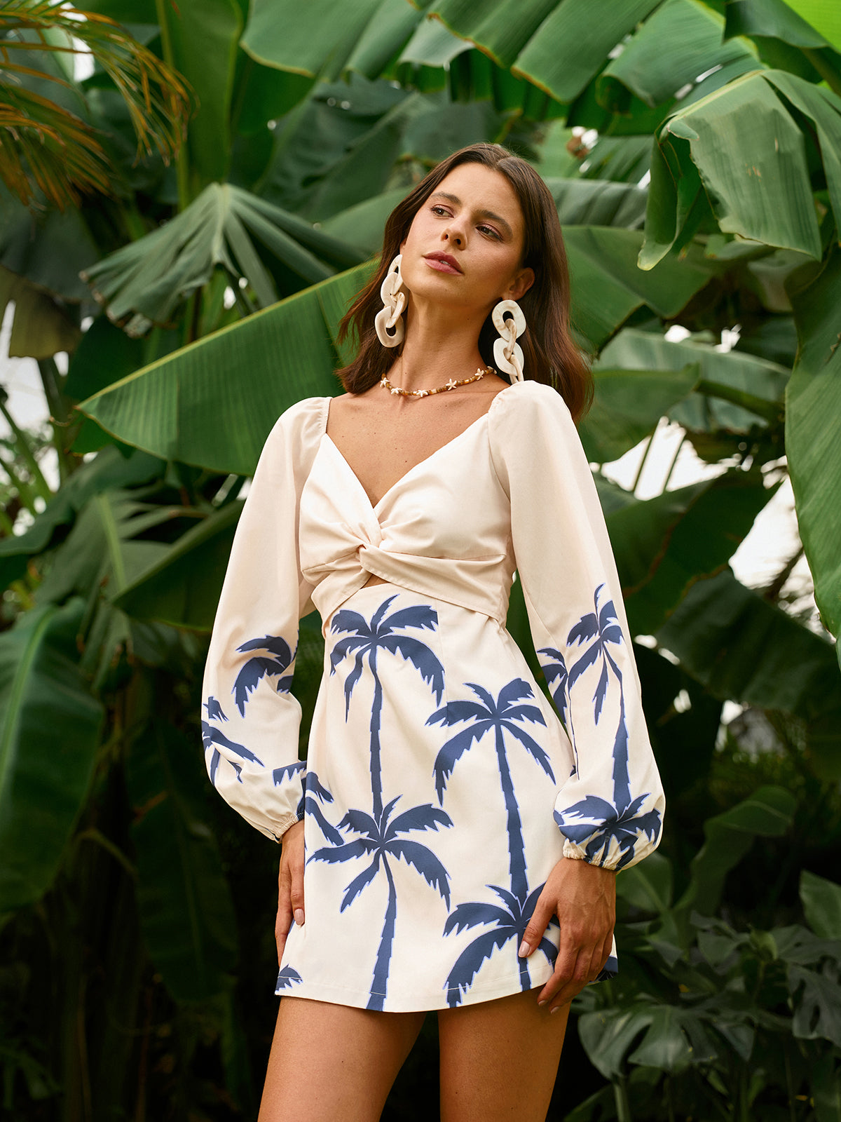 Long Sleeve Twist Front Print Dress-Chicvia