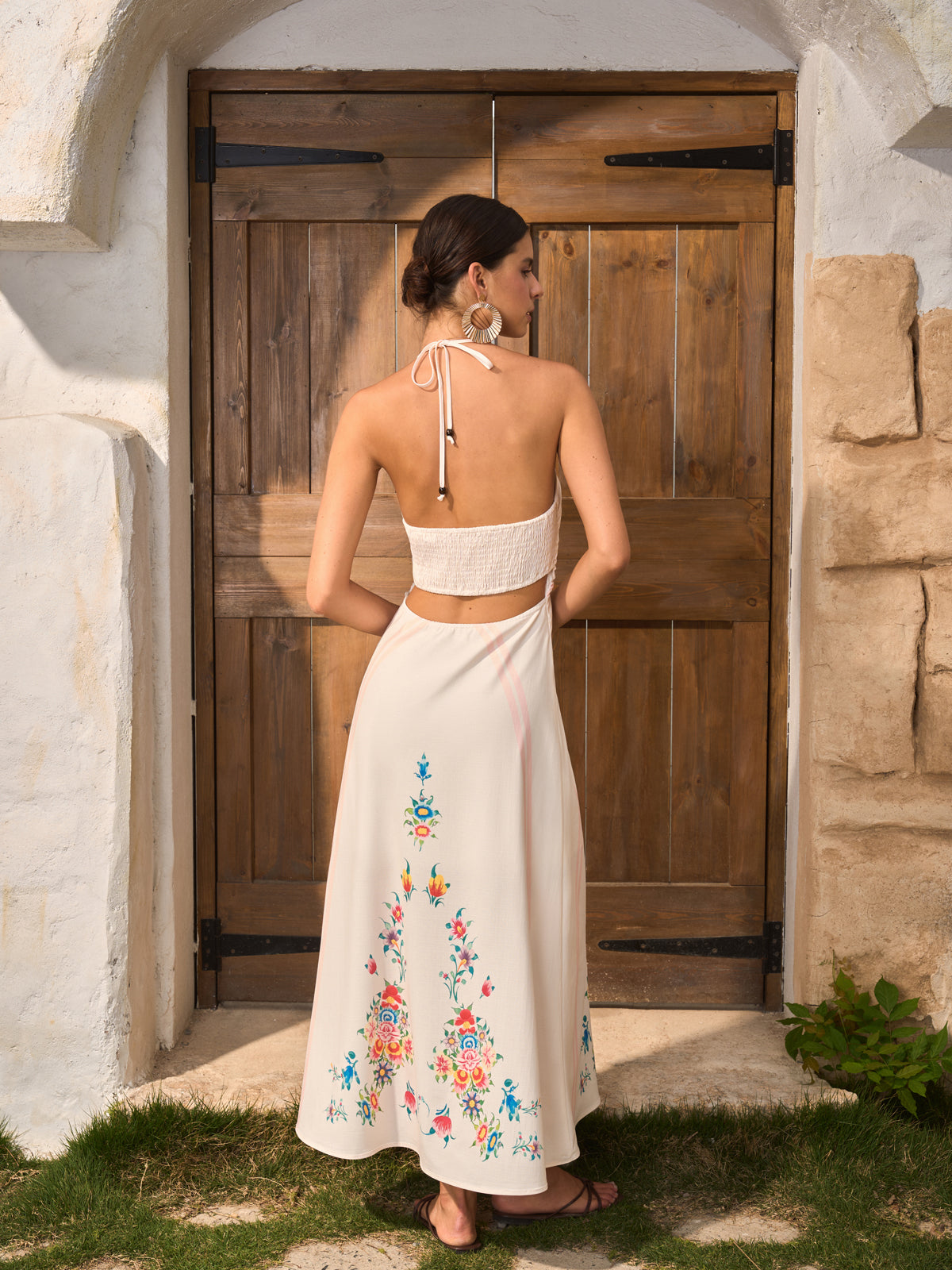 Floral Print Backless Halter Dress-Chicvia