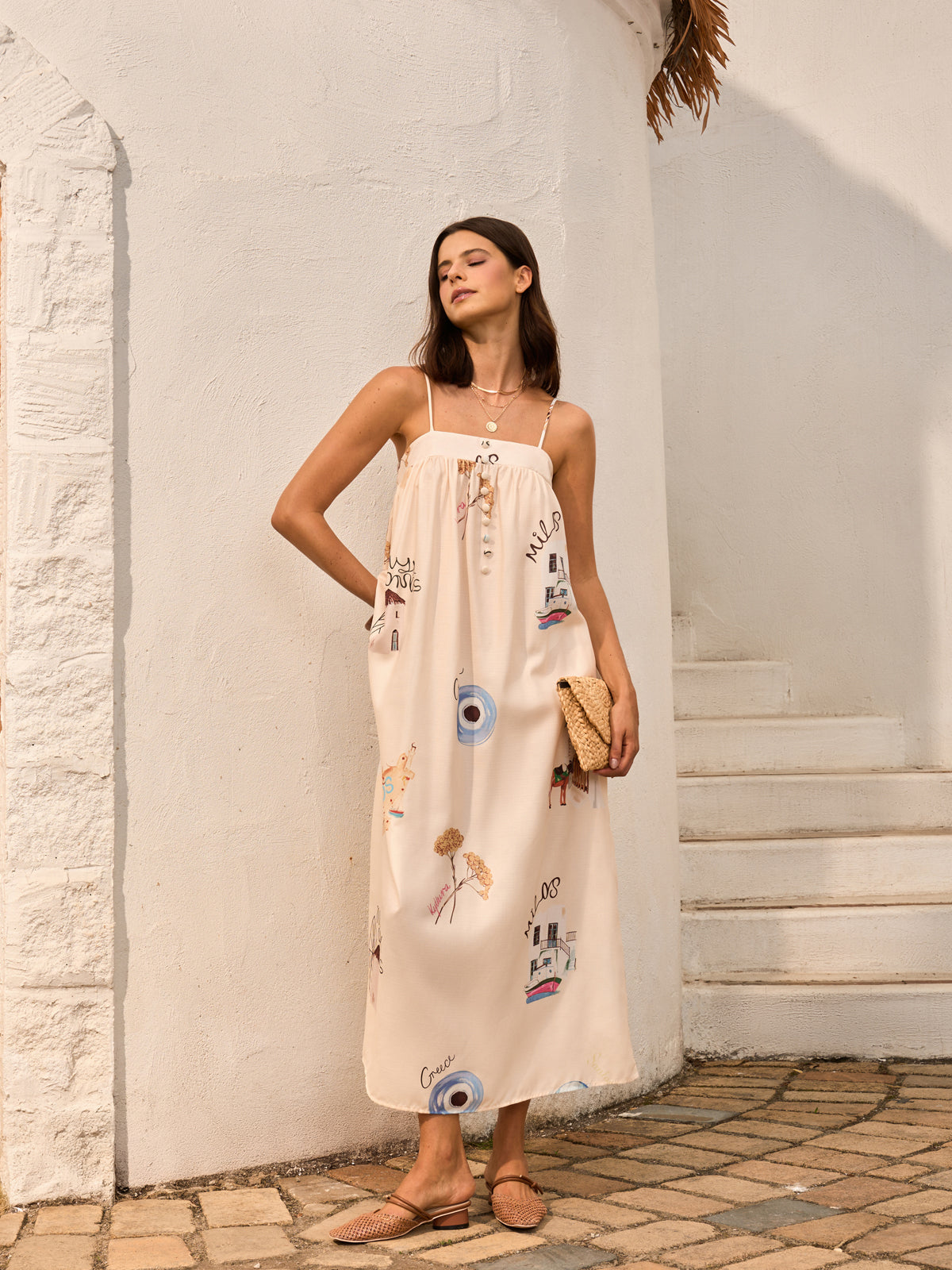 Graphic Print Tie-Front Cami Dress-Chicvia