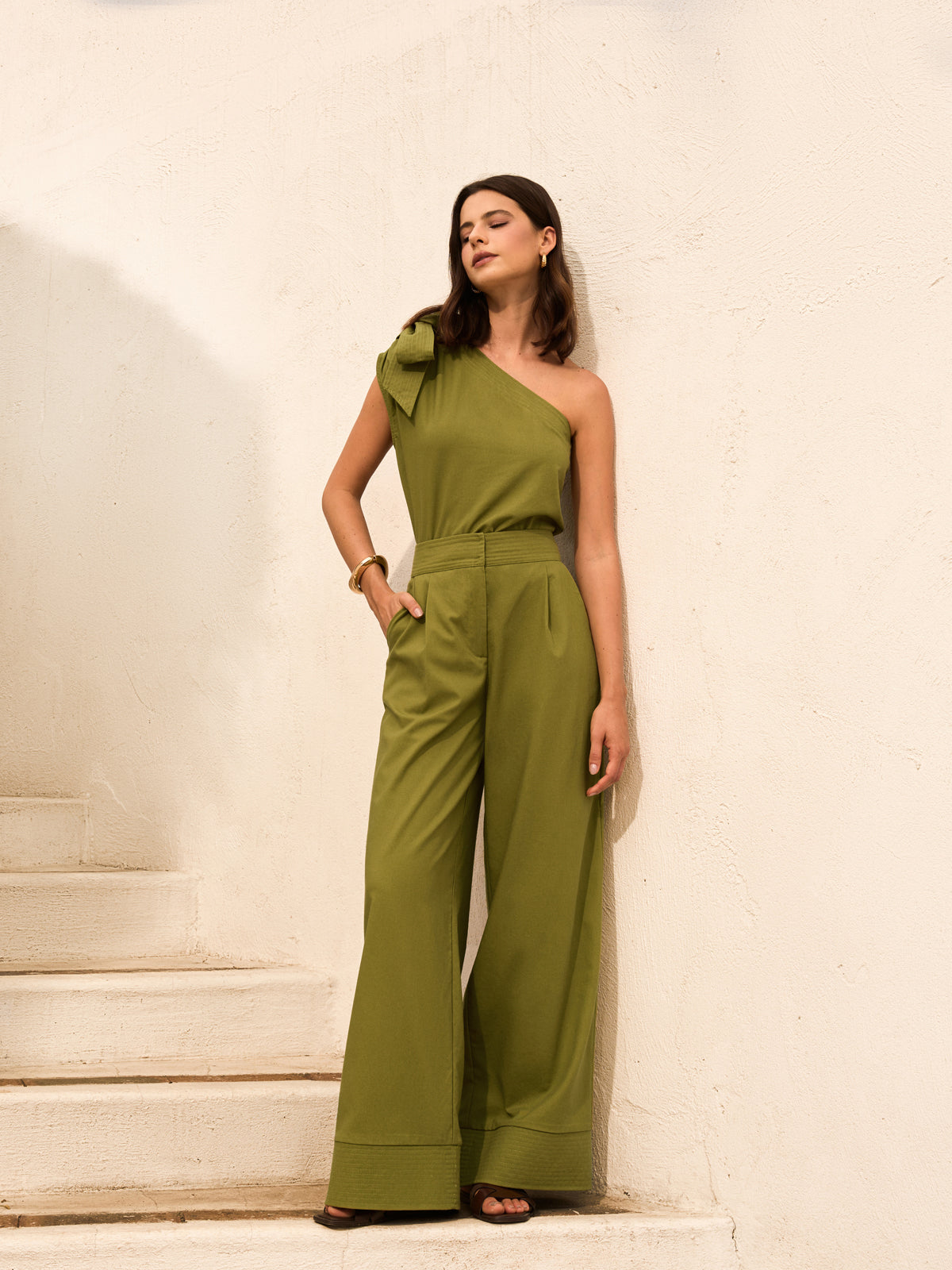 Cotton & Linen One-Shoulder Top With Pants Set-Chicvia