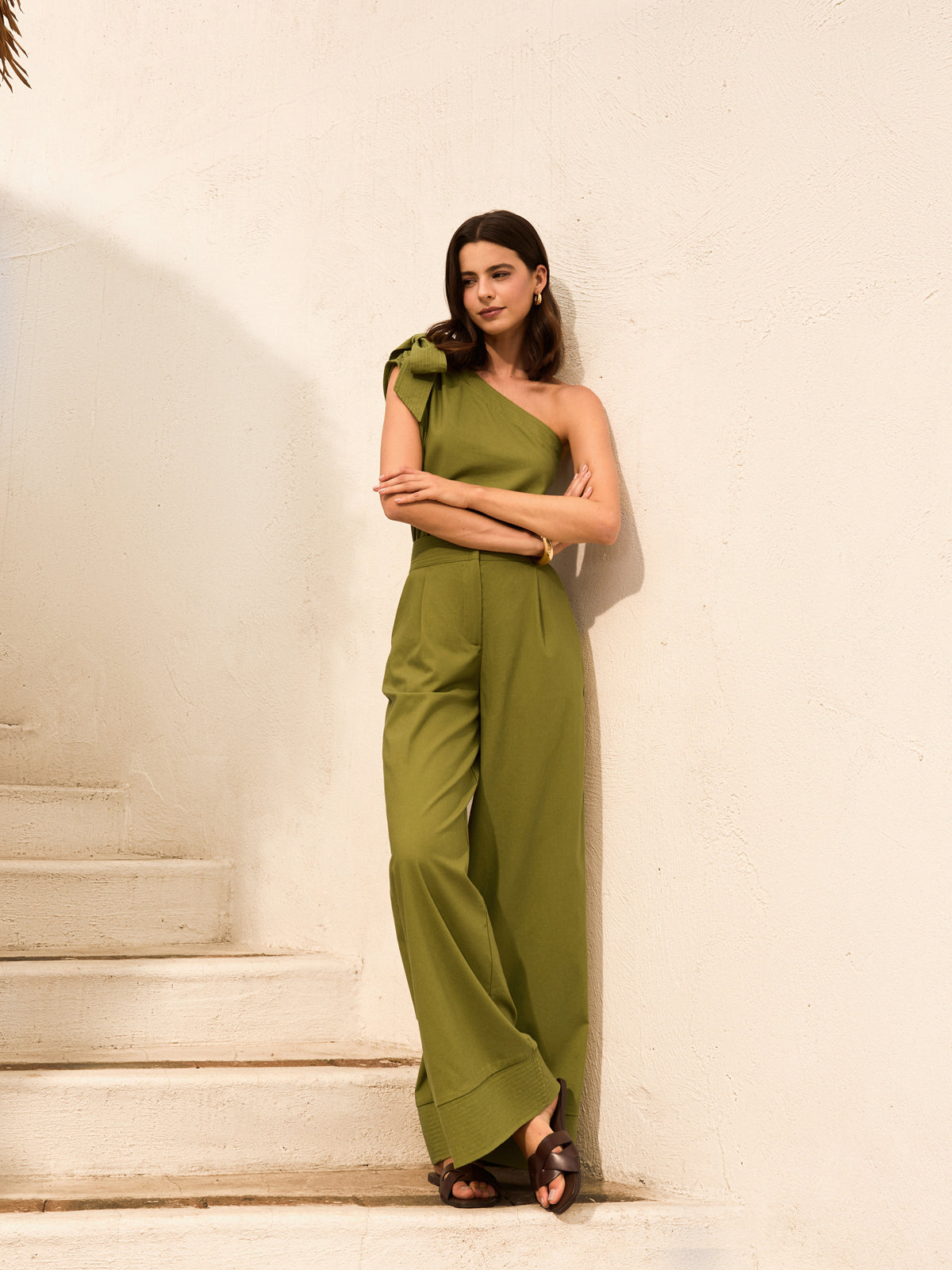 Cotton & Linen One-Shoulder Top With Pants Set-Chicvia