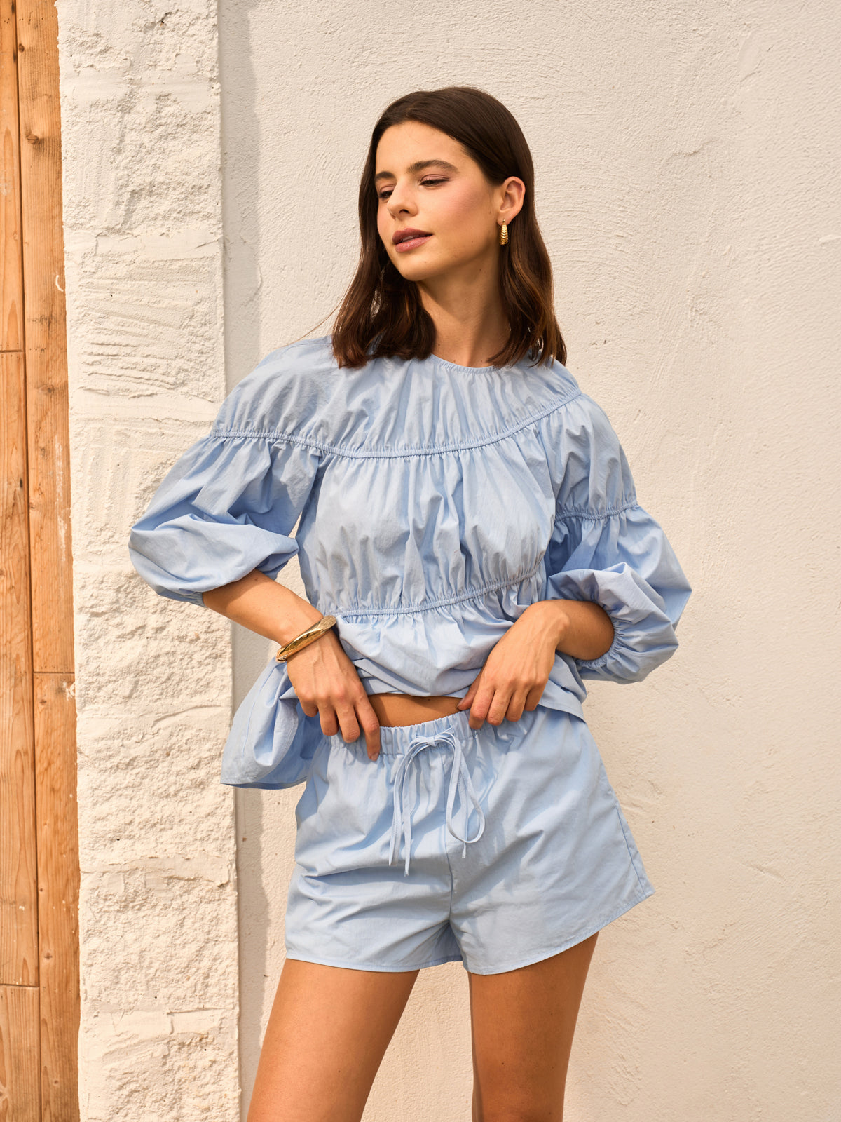 Cotton-Blend Puff Sleeve Top With Shorts Set-Chicvia