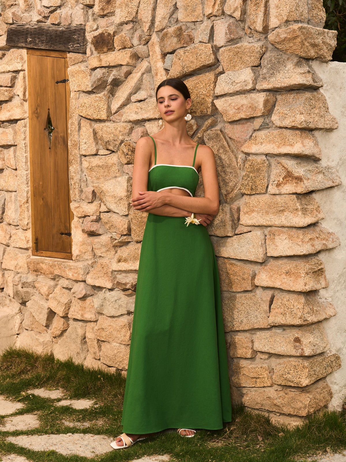 Cotton & Linen Cut-Out Dress With Back Bow-Chicvia