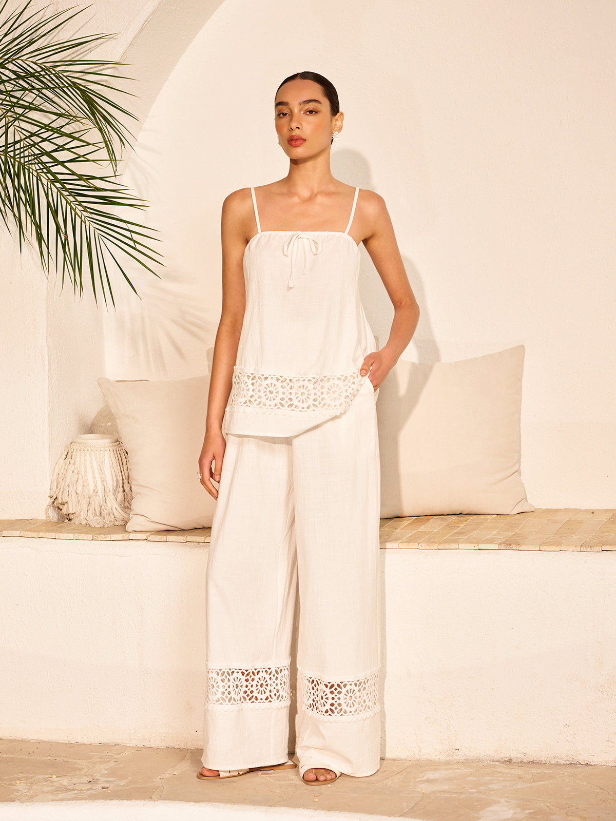 Cotton Pants Set With Lace Panels-Chicvia