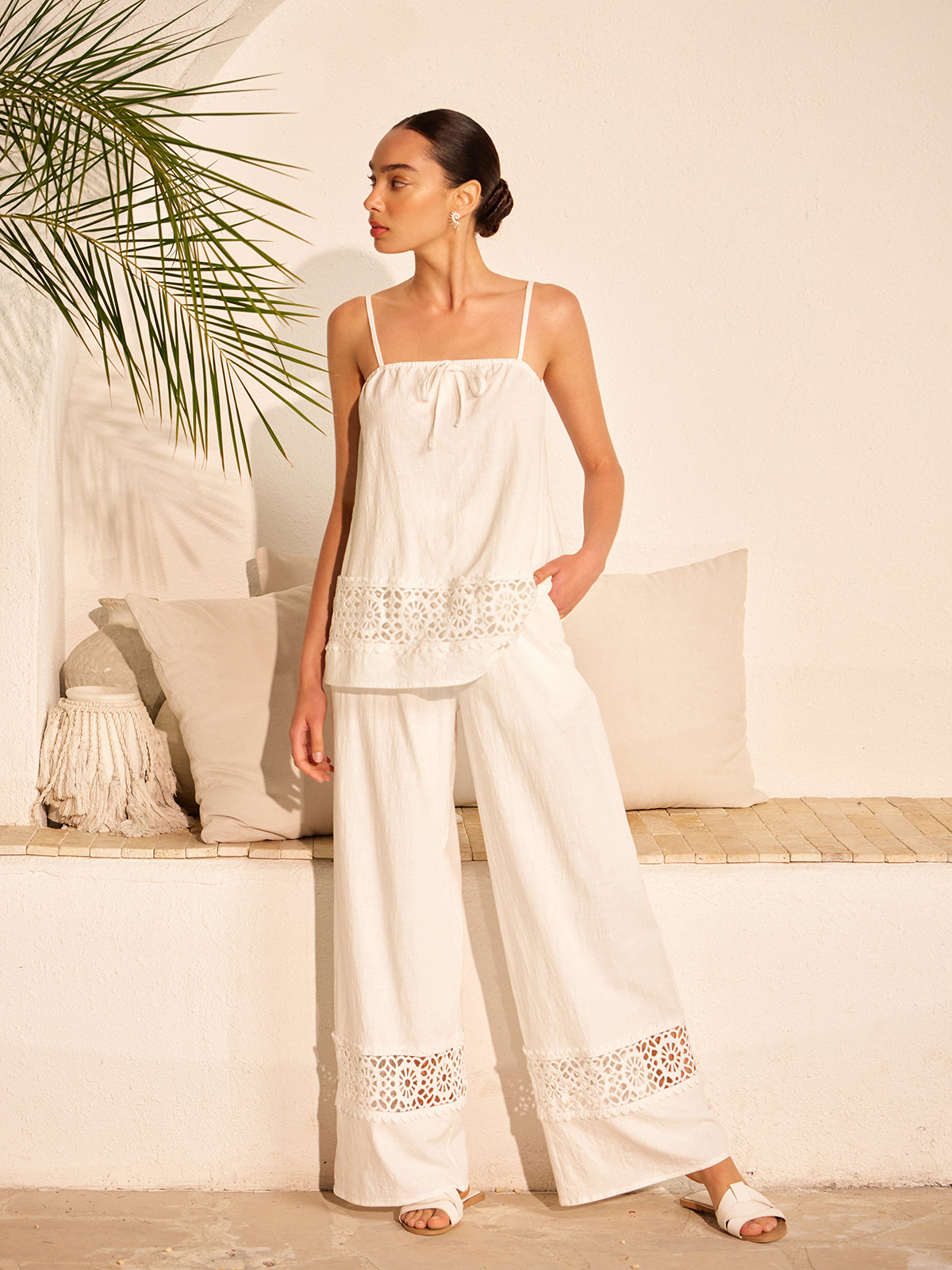 Cotton Pants Set With Lace Panels-Chicvia