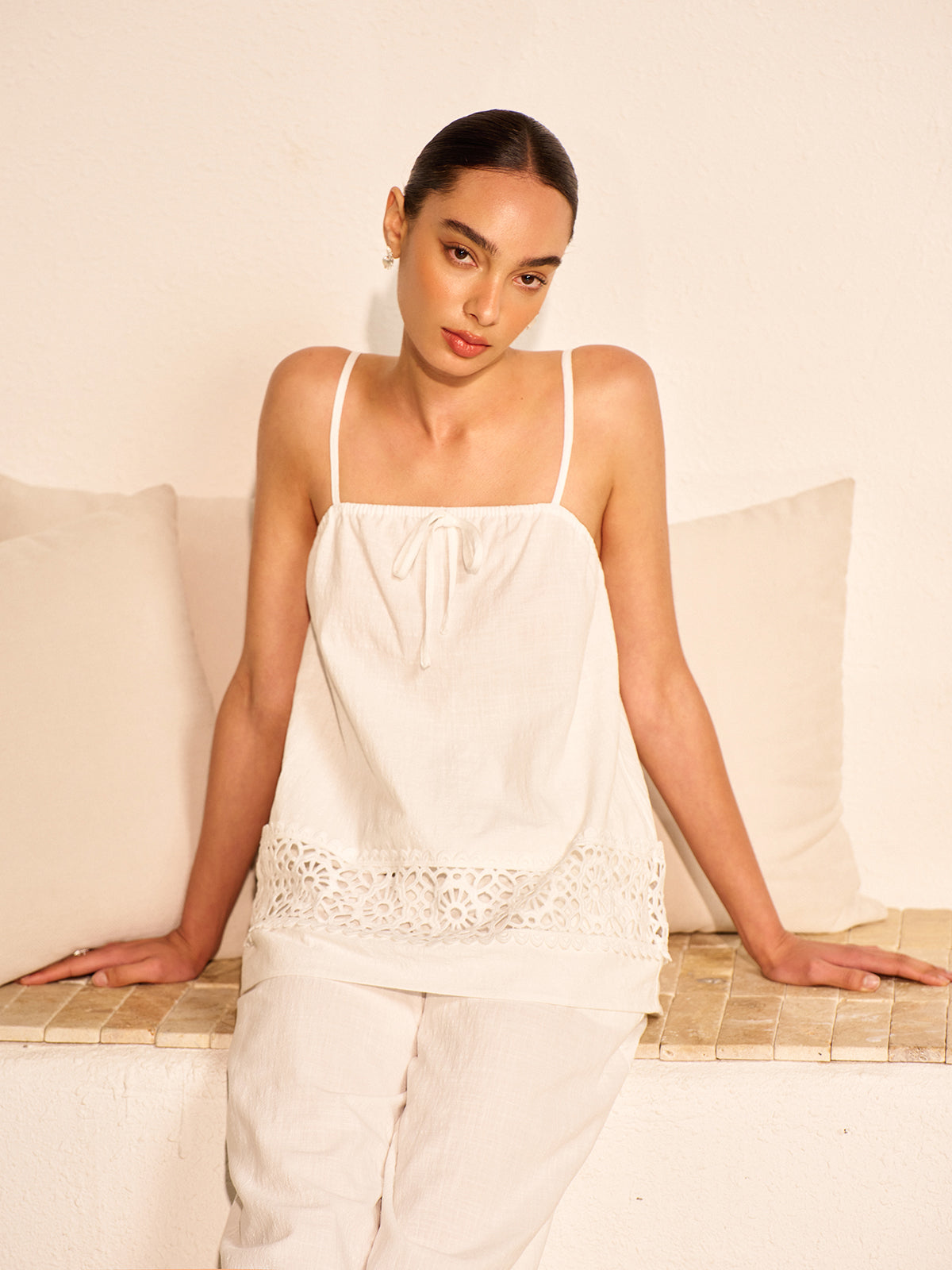 Cotton Pants Set With Lace Panels-Chicvia