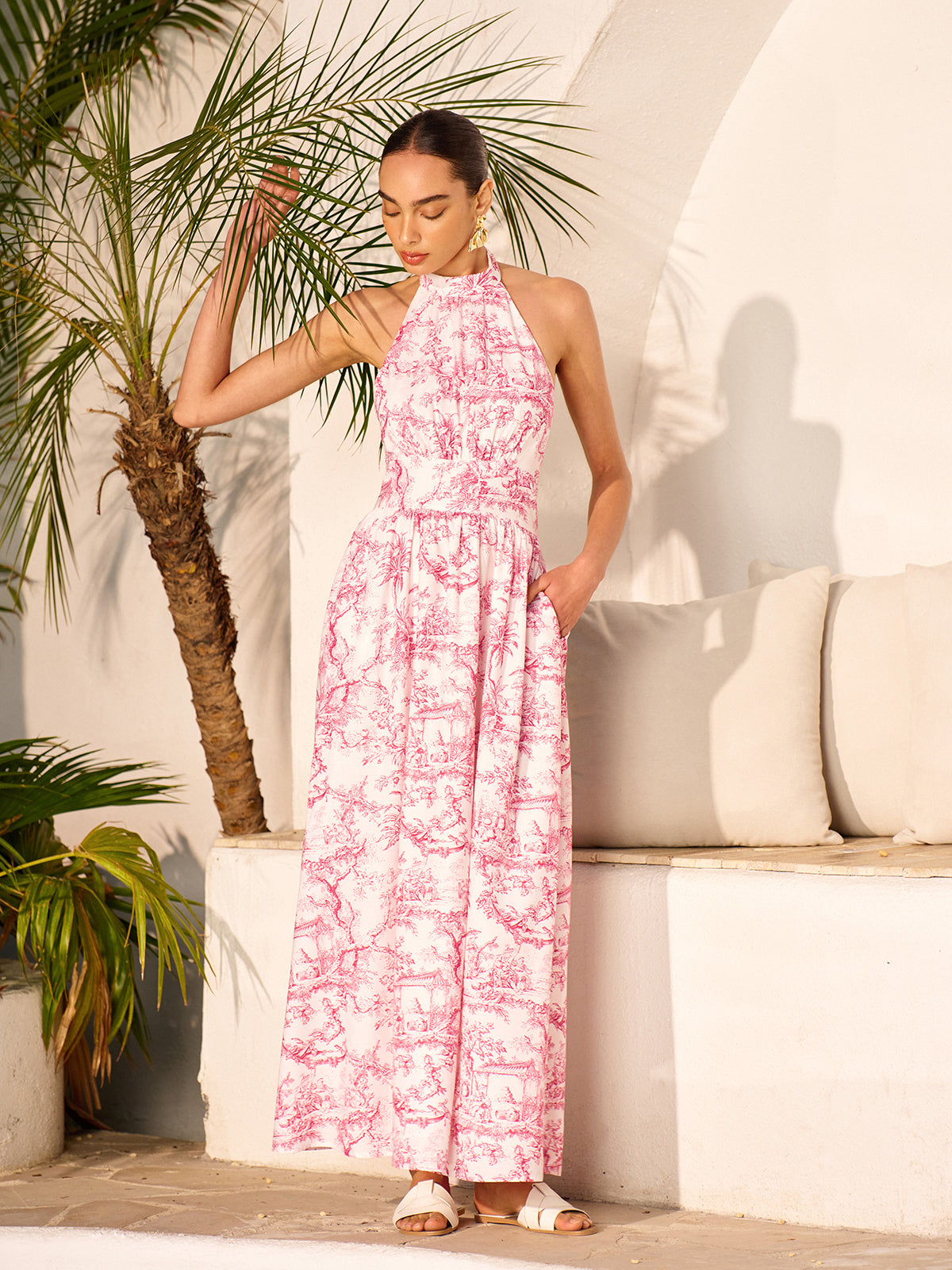 Halter Neck Printed Backless Dress With Pockets-Chicvia