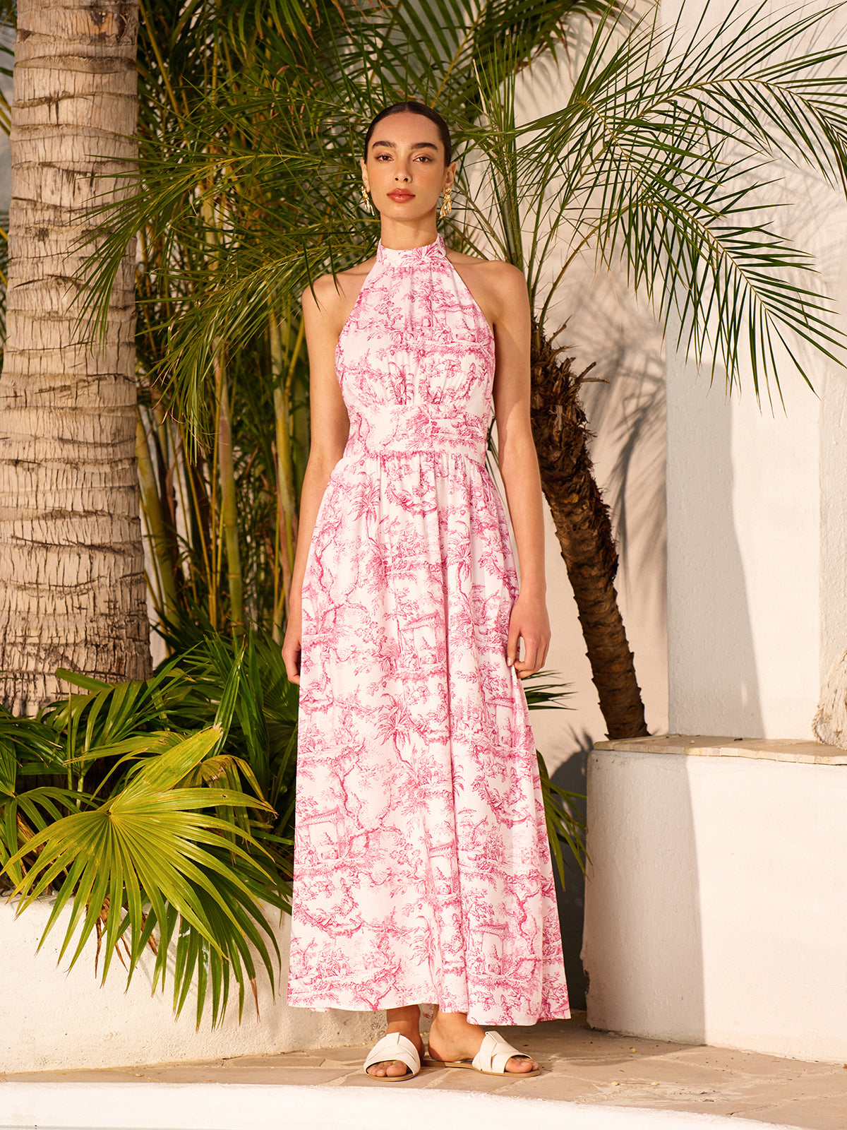 Halter Neck Printed Backless Dress With Pockets-Chicvia