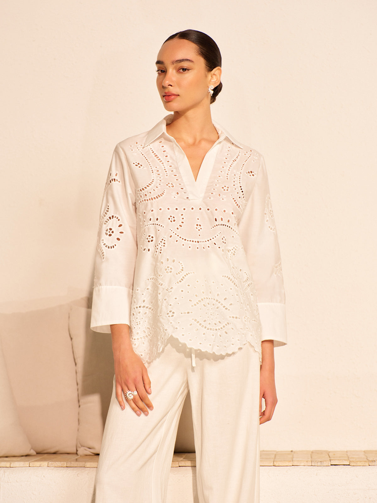 Cotton Eyelet Embroidered Semi-Sheer Top-Chicvia