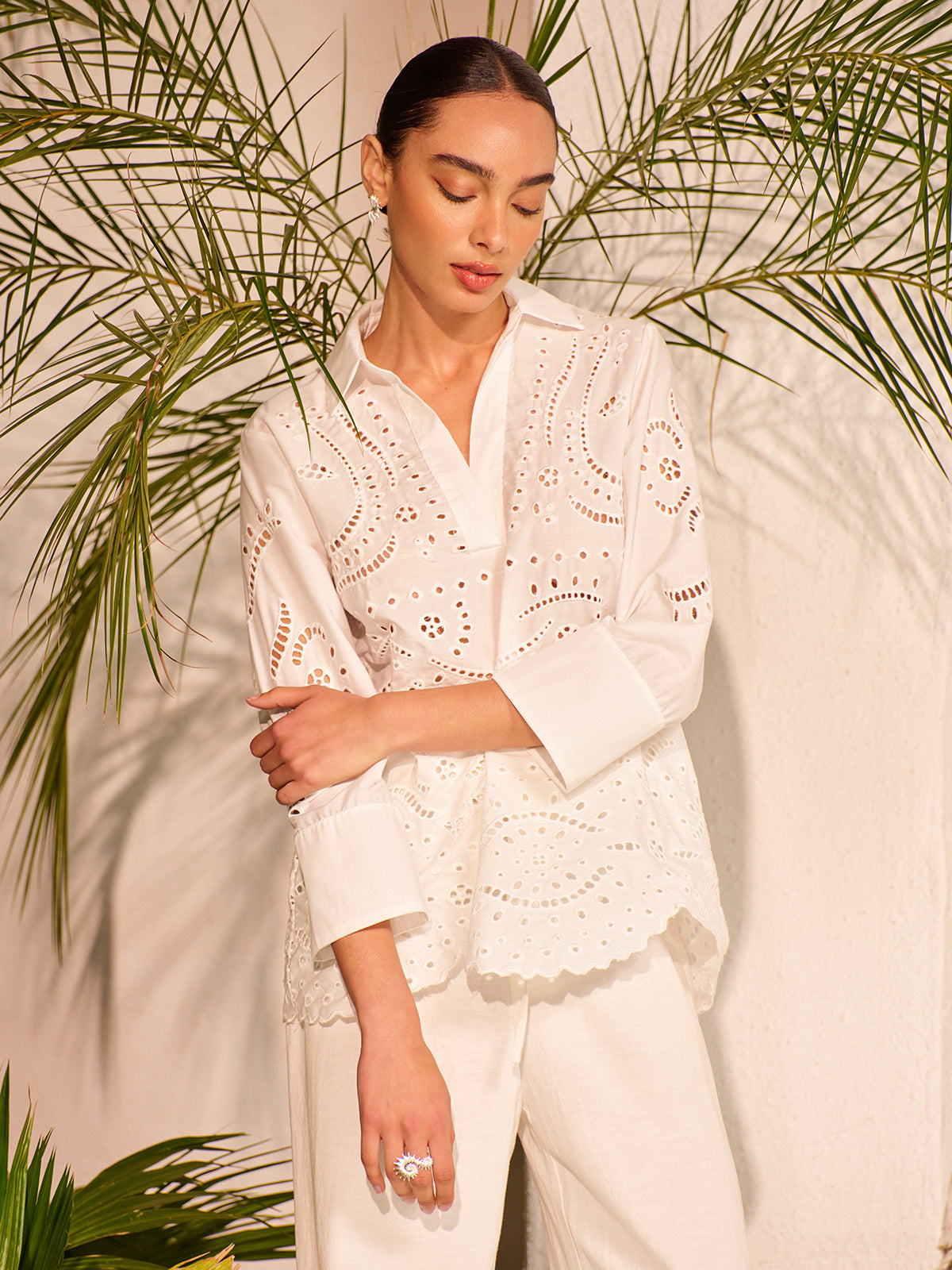 Cotton Eyelet Embroidered Semi-Sheer Top-Chicvia