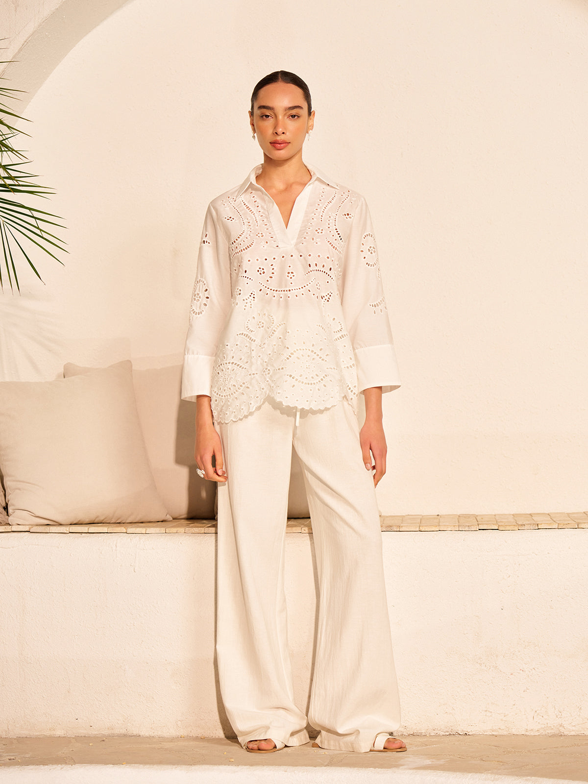 Cotton Eyelet Embroidered Semi-Sheer Top-Chicvia