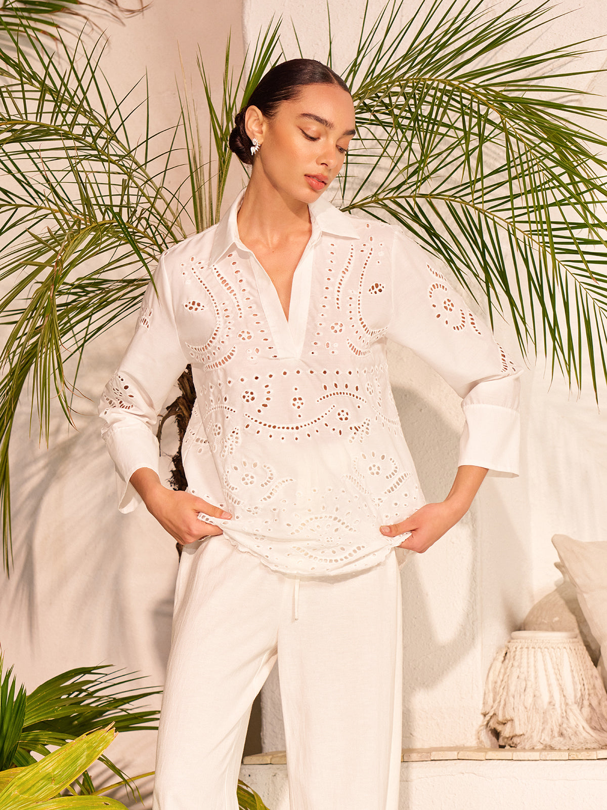 Cotton Eyelet Embroidered Semi-Sheer Top-Chicvia