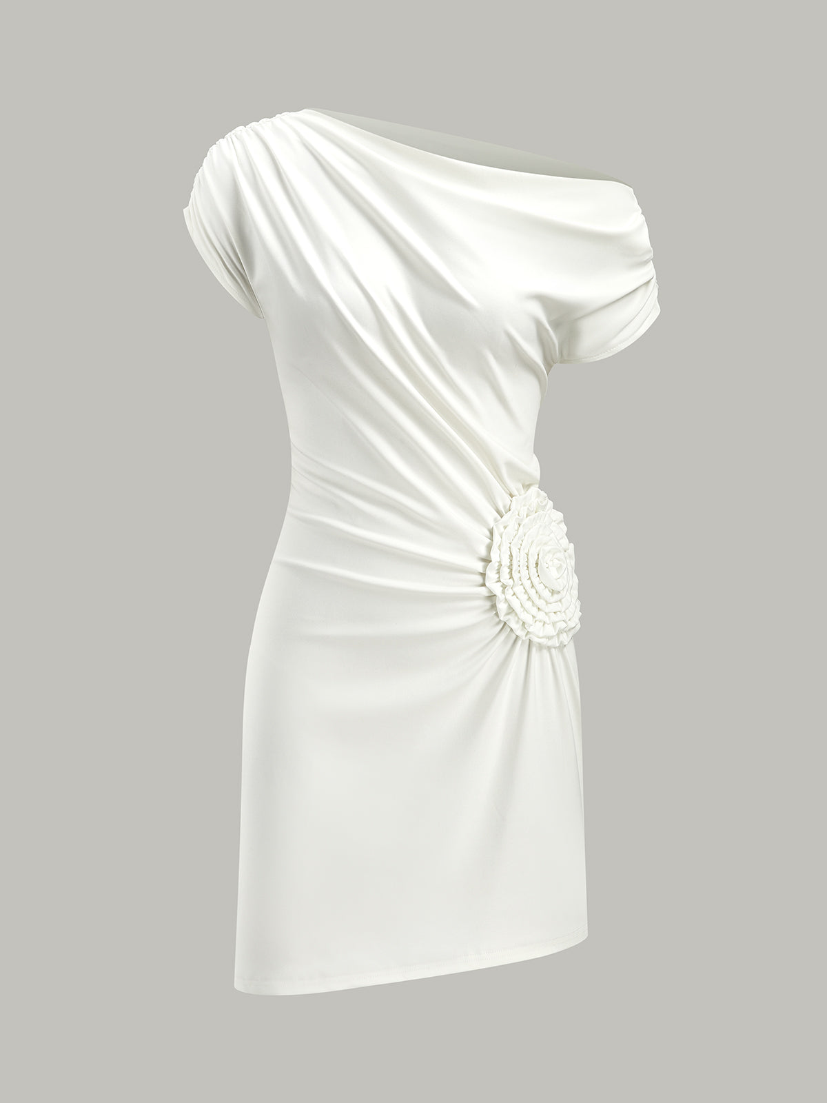 One-Shoulder Ruched Dress With Rosette Detail-Chicvia